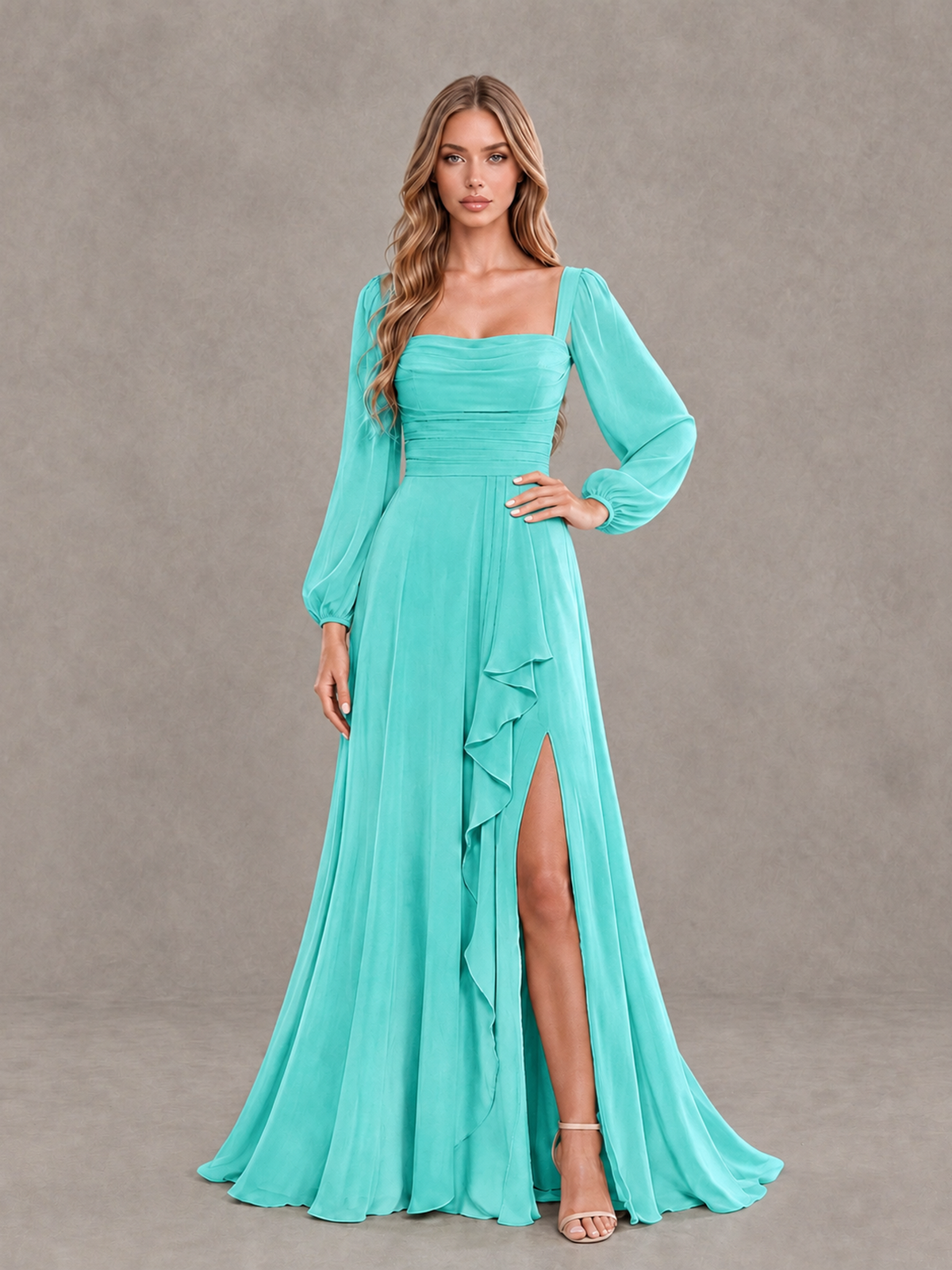BOLODOO Turquoise Square Neck Long Sleeve Bridesmaid Dress with Ruffle Slit - Turquoise - Turquoise_3