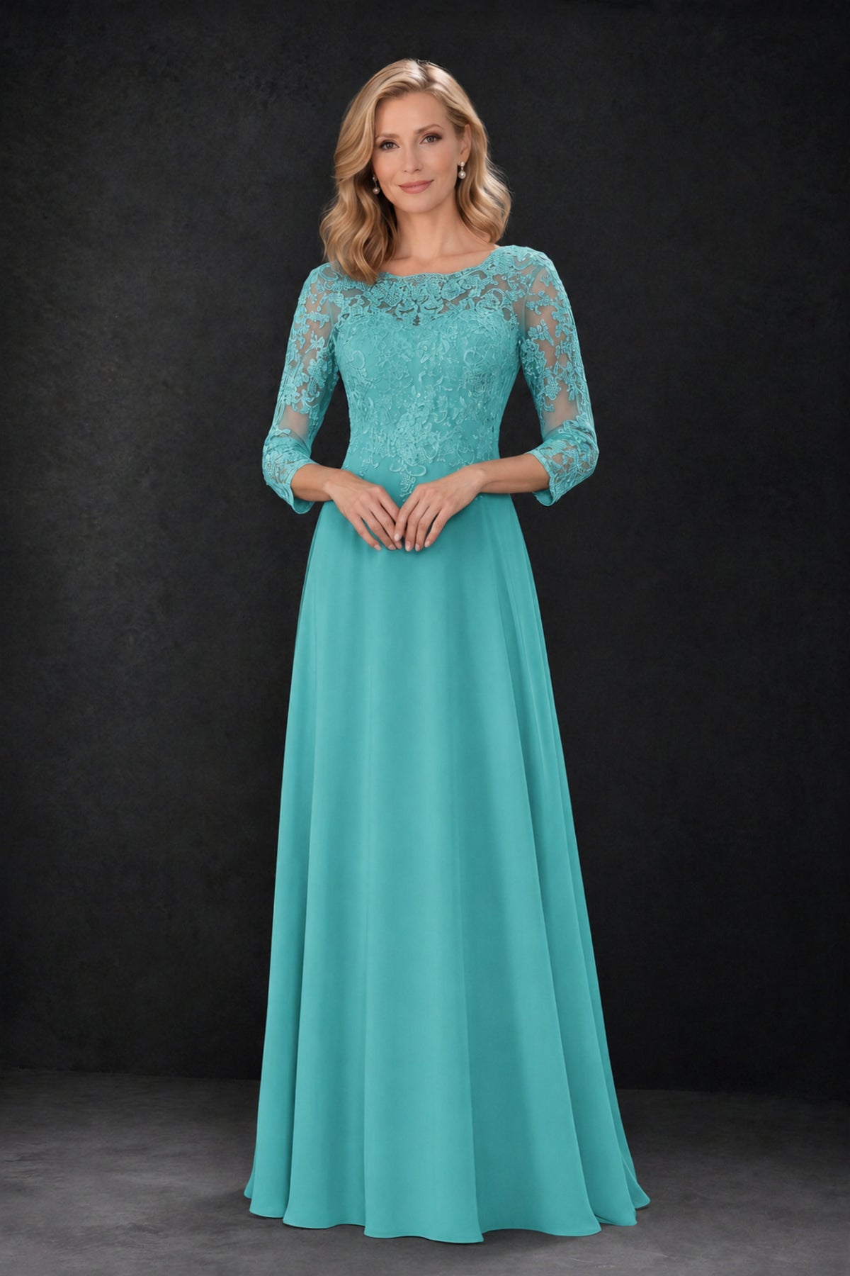 BOLODOO Turquoise Lace Embroidered Mother of the Bride Dress with 3/4 Sleeves - Turquoise