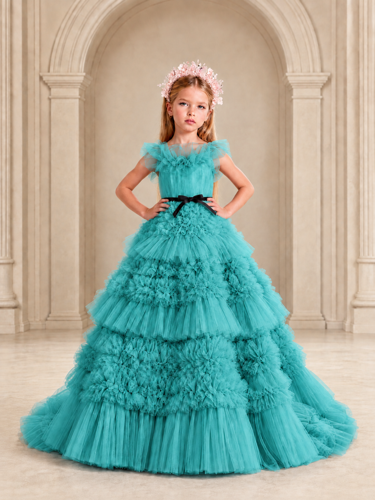 BOLODOO Turquoise Tiered Tulle Flower Girl Dress with Floral Appliques - Turquoise - Turquoise_3
