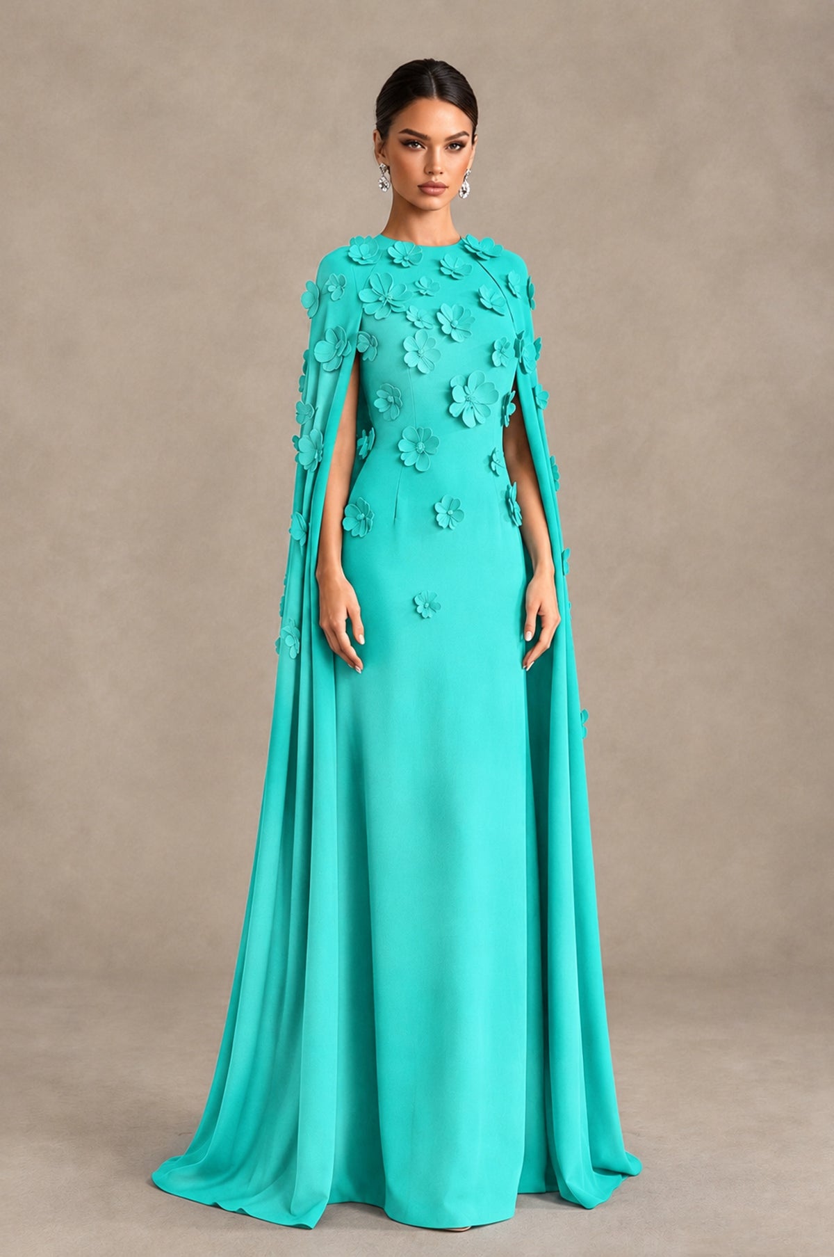 BOLODOO Turquoise 3D Floral Applique Cape Formal Dress - Turquoise - Turquoise_3