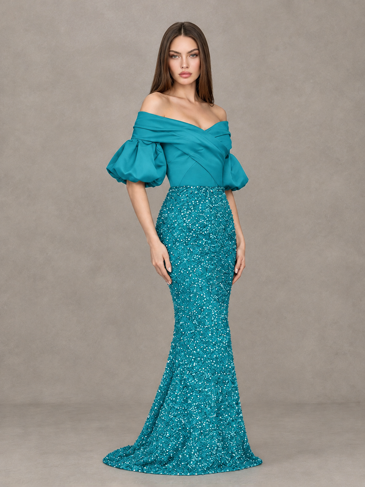 BOLODOO Turquoise Off-Shoulder Puff Sleeve Sequin Mermaid Evening Dress - Turquoise - Turquoise_3
