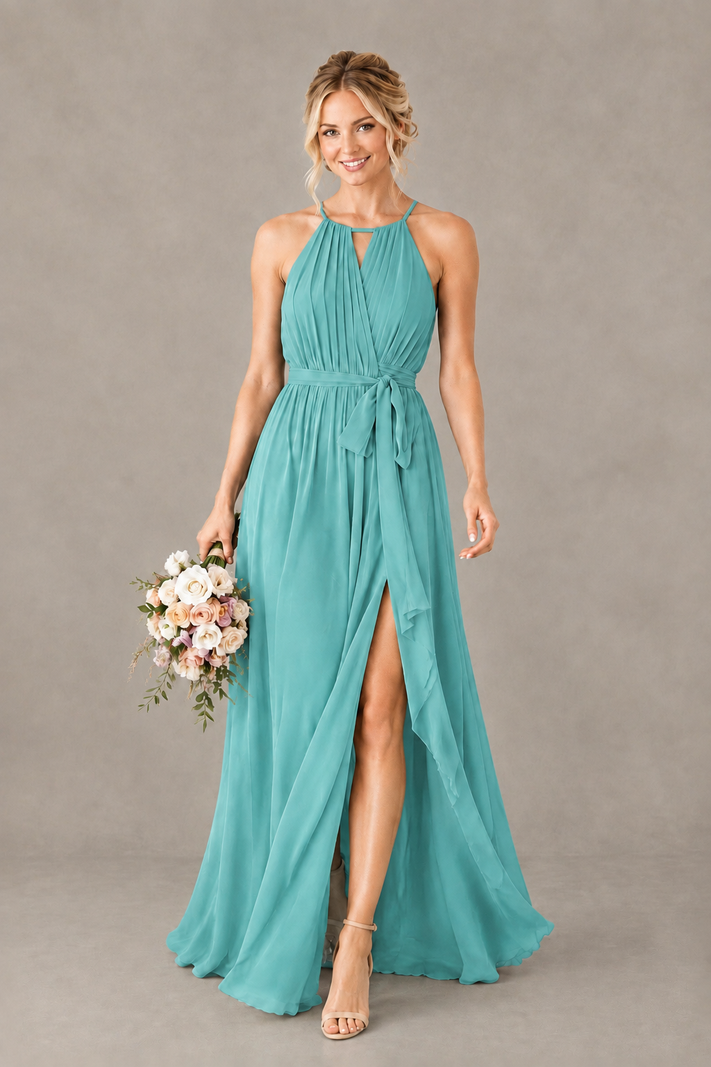 BOLODOO Turquoise Halter Chiffon Bridesmaid Dress with High Slit - Turquoise