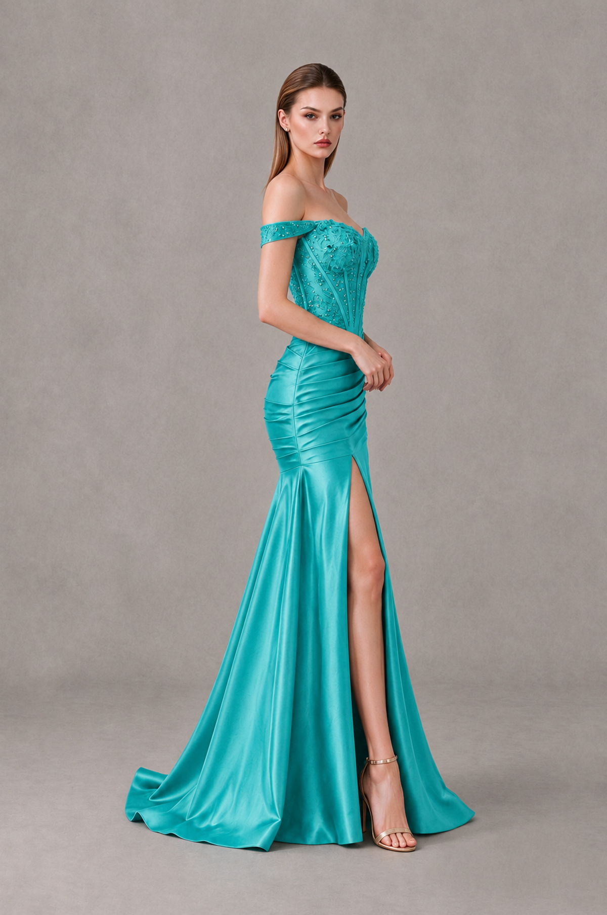 BOLODOO Turquoise Off-Shoulder Corset Mermaid Prom Dress with Slit Sequin Lace Evening Gown - Turquoise - Turquoise_3