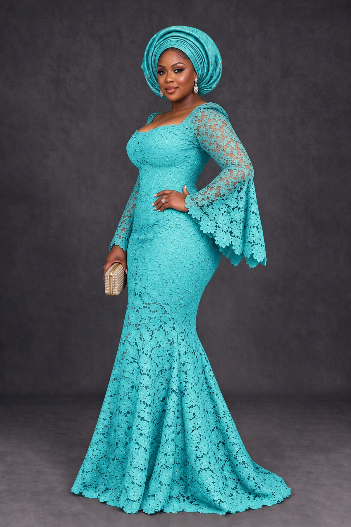 BOLODOO Turquoise African Lace Mermaid Dress, Plus Size Nigerian Wedding Guest Gown with Bell Sleeves - Turquoise - Turquoise_3