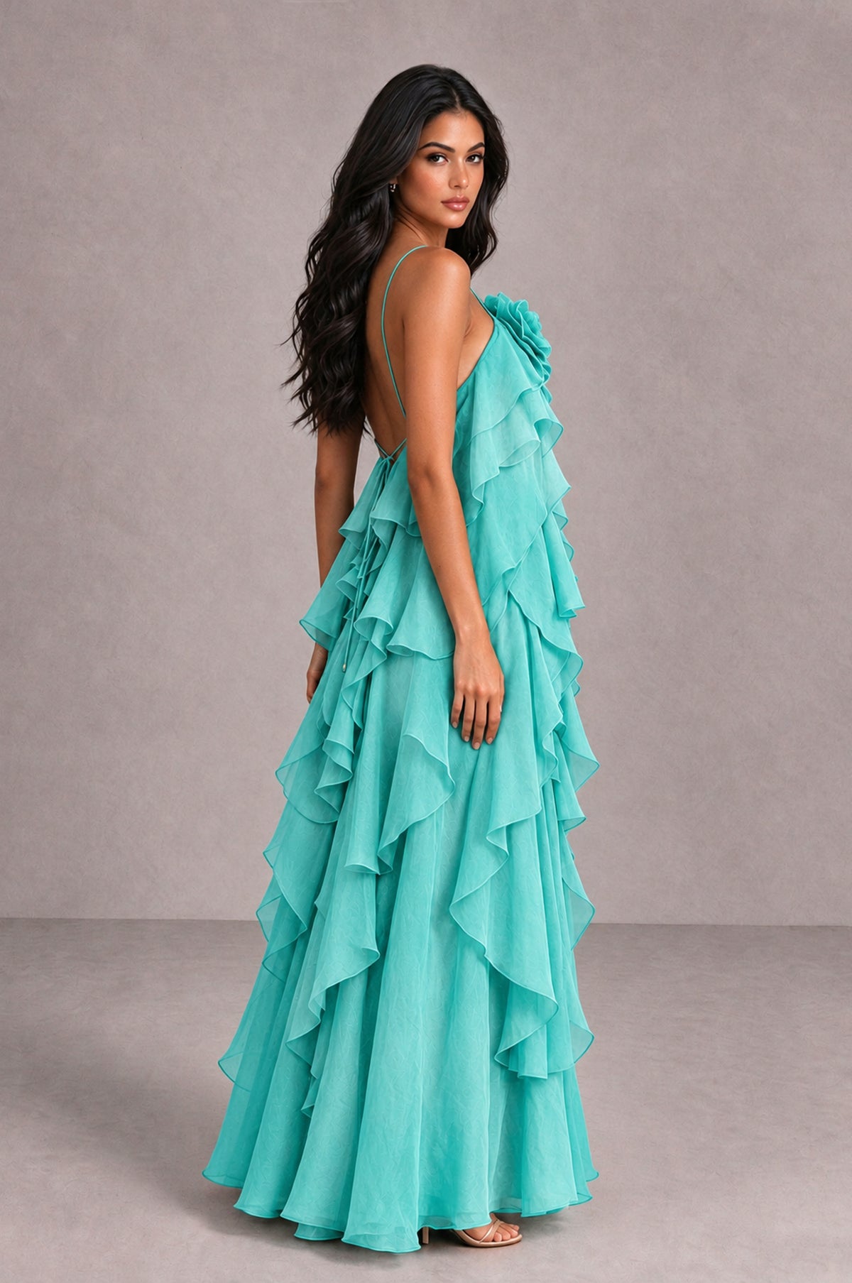 BOLODOO Turquoise Cascading Ruffle Rosette Open-Back Maxi Dress - Turquoise - Turquoise_3