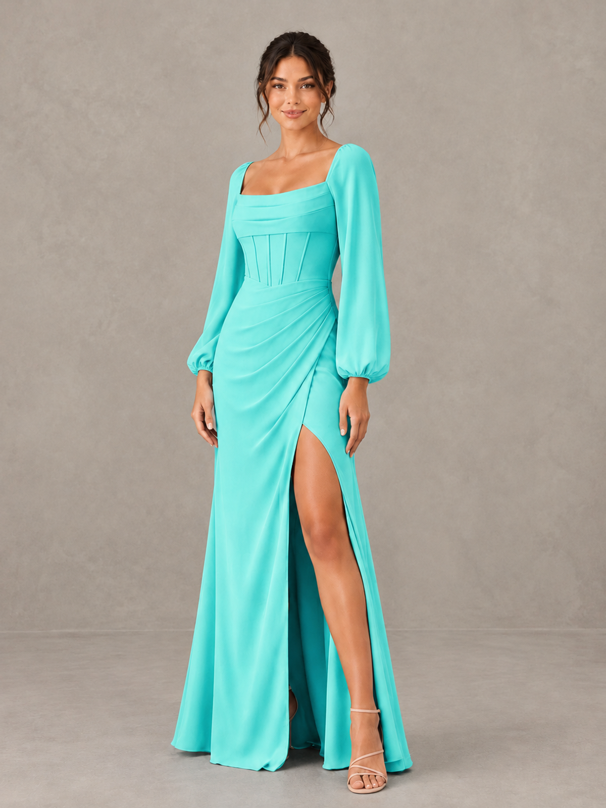BOLODOO Turquoise Square Neck Long Sleeve Bridesmaid Dress with High Slit - Turquoise - Turquoise_3