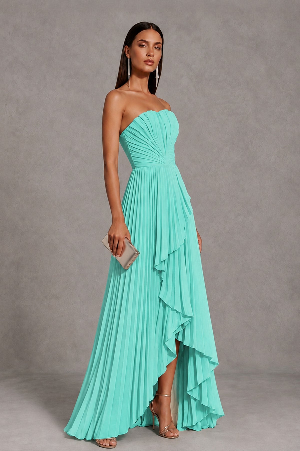 Turquoise Strapless Pleated High-Low Evening Gown with Ruffle Hem - Turquoise