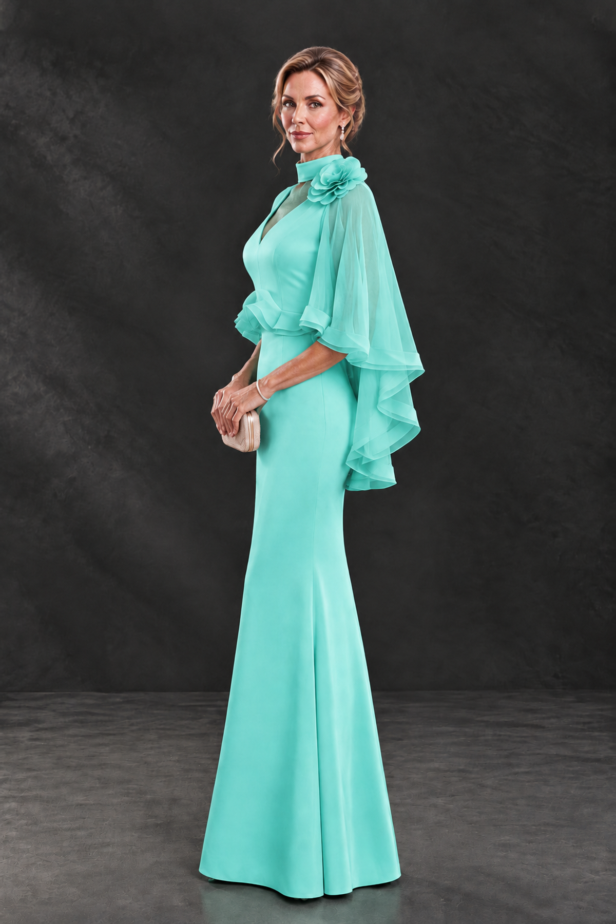 BOLODOO Turquoise Floral Cape Sleeve Mother of the Bride Dress - Turquoise - Turquoise_3
