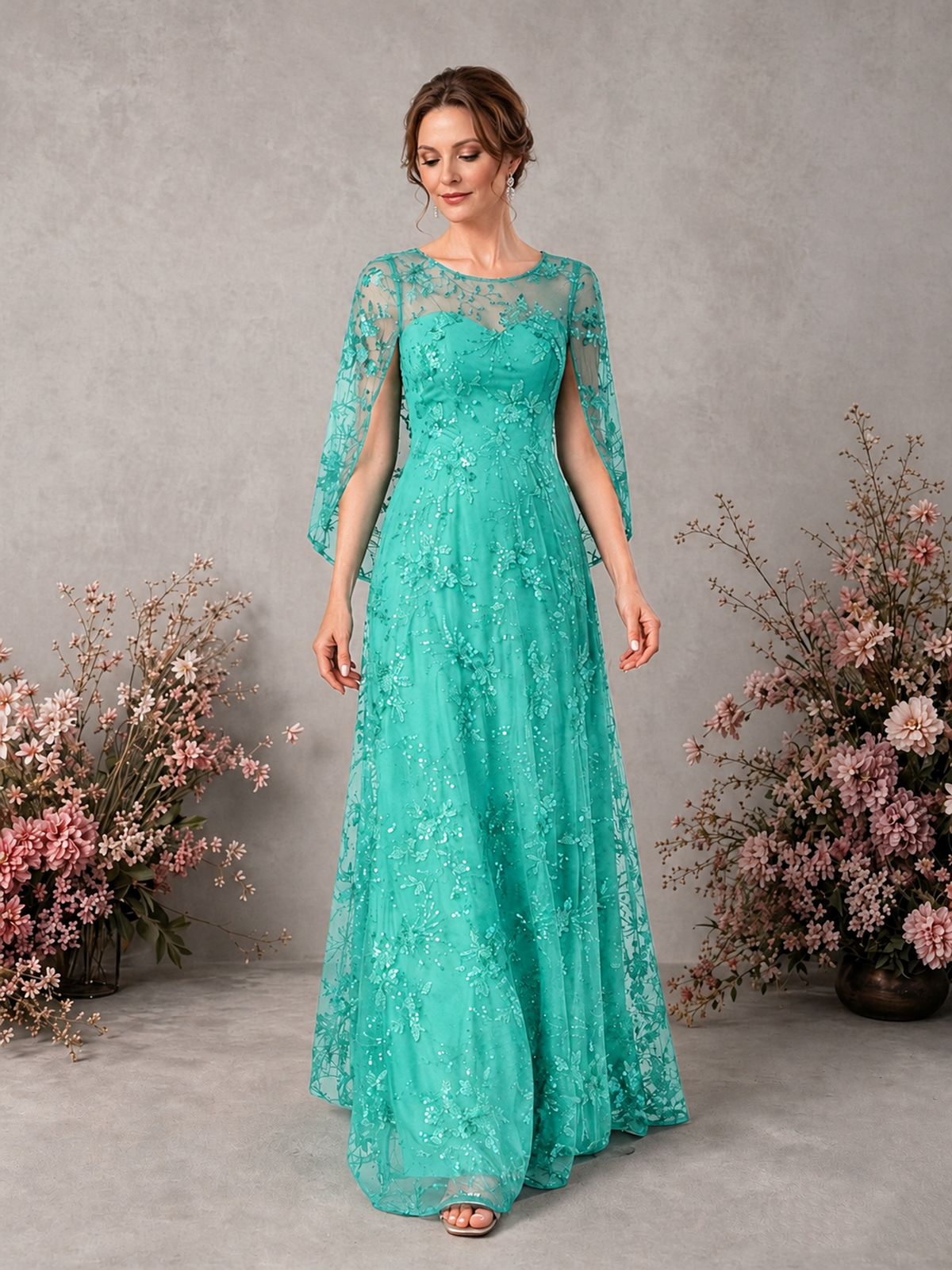 BOLODOO Turquoise Sequin Lace Cape Sleeve Formal Evening Gown - Turquoise - Turquoise_3