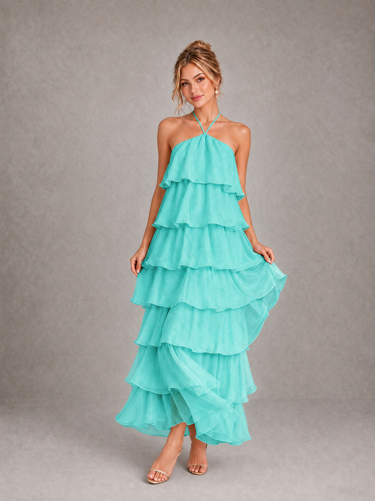 BOLODOO Turquoise Halter Tiered Ruffle Maxi Bridesmaid Dress - Turquoise - Turquoise_3