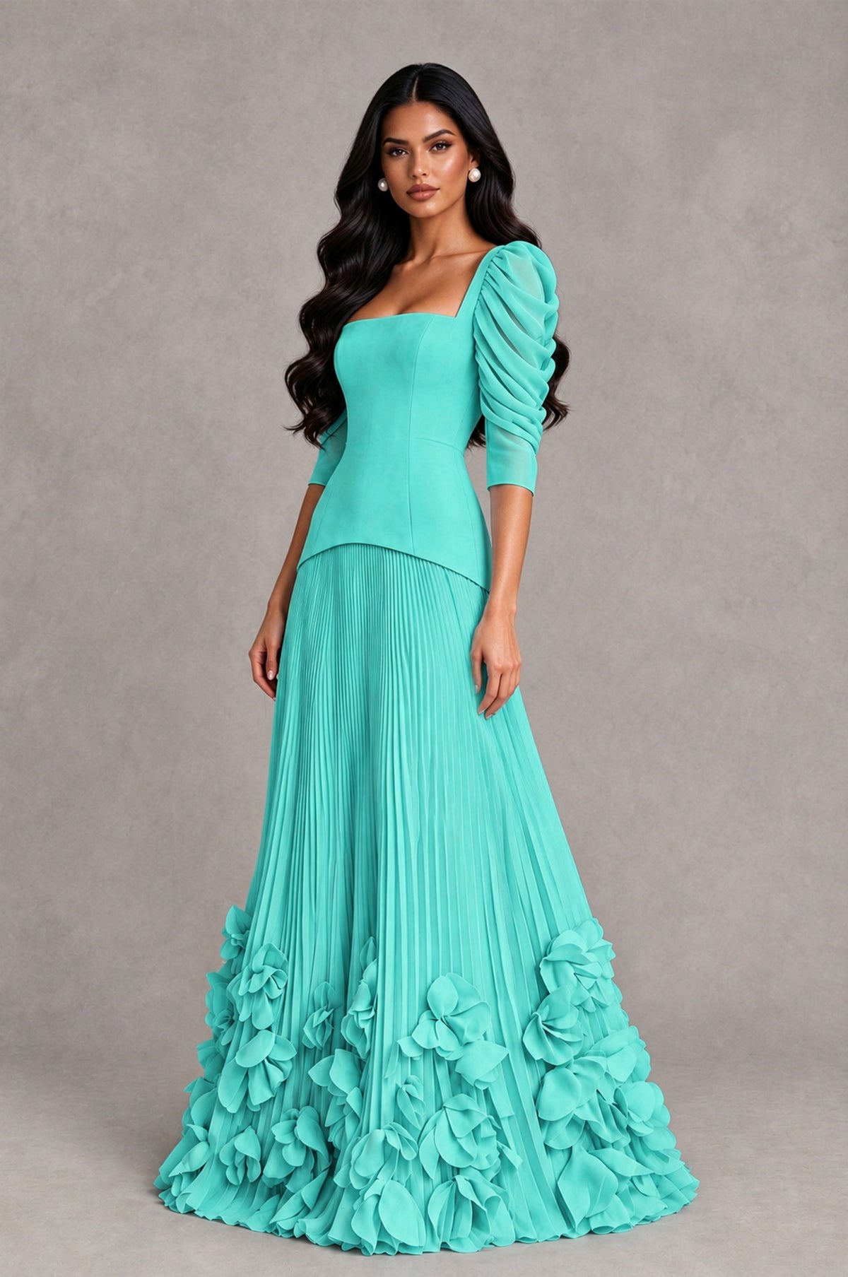 BOLODOO Turquoise Square Neck Pleated Floral Applique Evening Dress - Turquoise - Turquoise_3