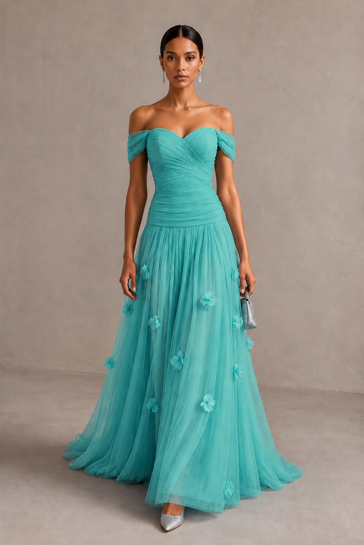 Turquoise Off-Shoulder Sweetheart A-Line Tulle Gown with 3D Floral Appliques | BOLODOO - Turquoise