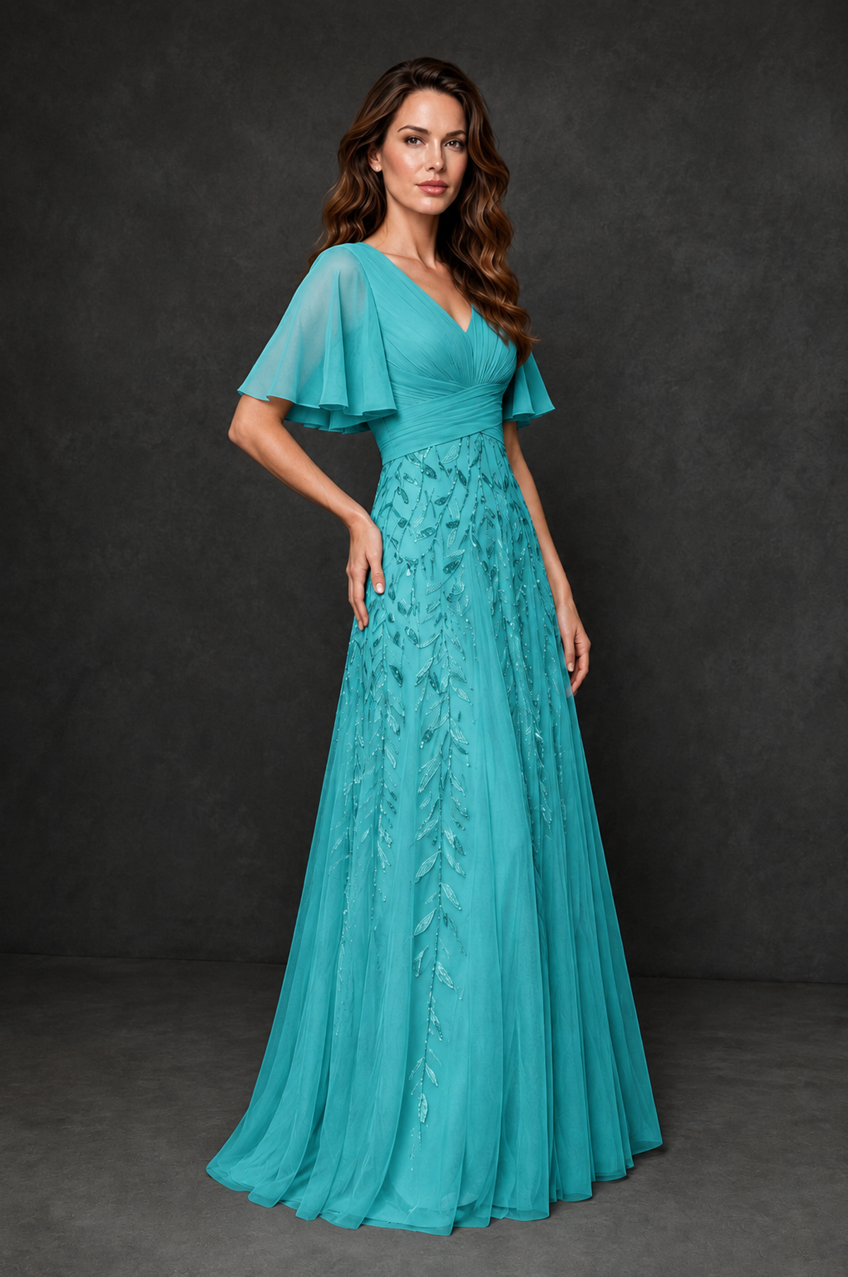 BOLODOO Turquoise V-Neck Flutter Sleeve Beaded Botanical Tulle A-Line Gown | Mother of the Bride Evening Dress - Turquoise - Turquoise_3
