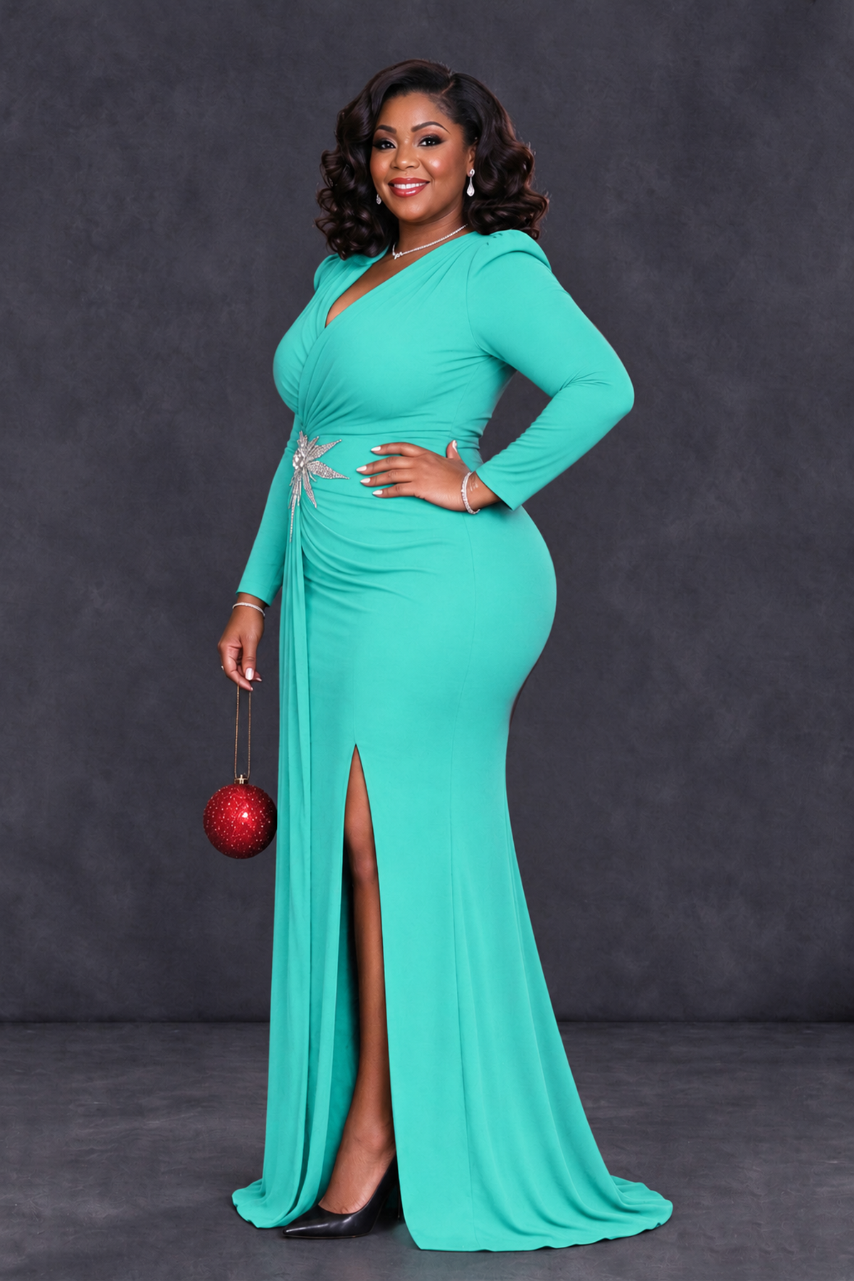 BOLODOO Turquoise Plus Size Long Sleeve V-Neck Mother of the Bride Dress with Slit - Turquoise - Turquoise_3
