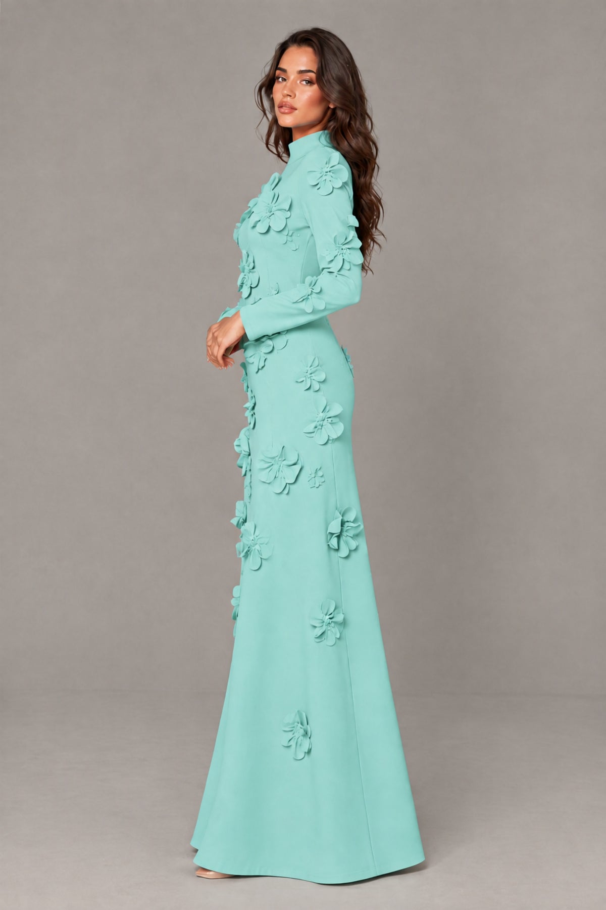 BOLODOO Turquoise High Neck Long Sleeve 3D Floral Evening Gown - Turquoise