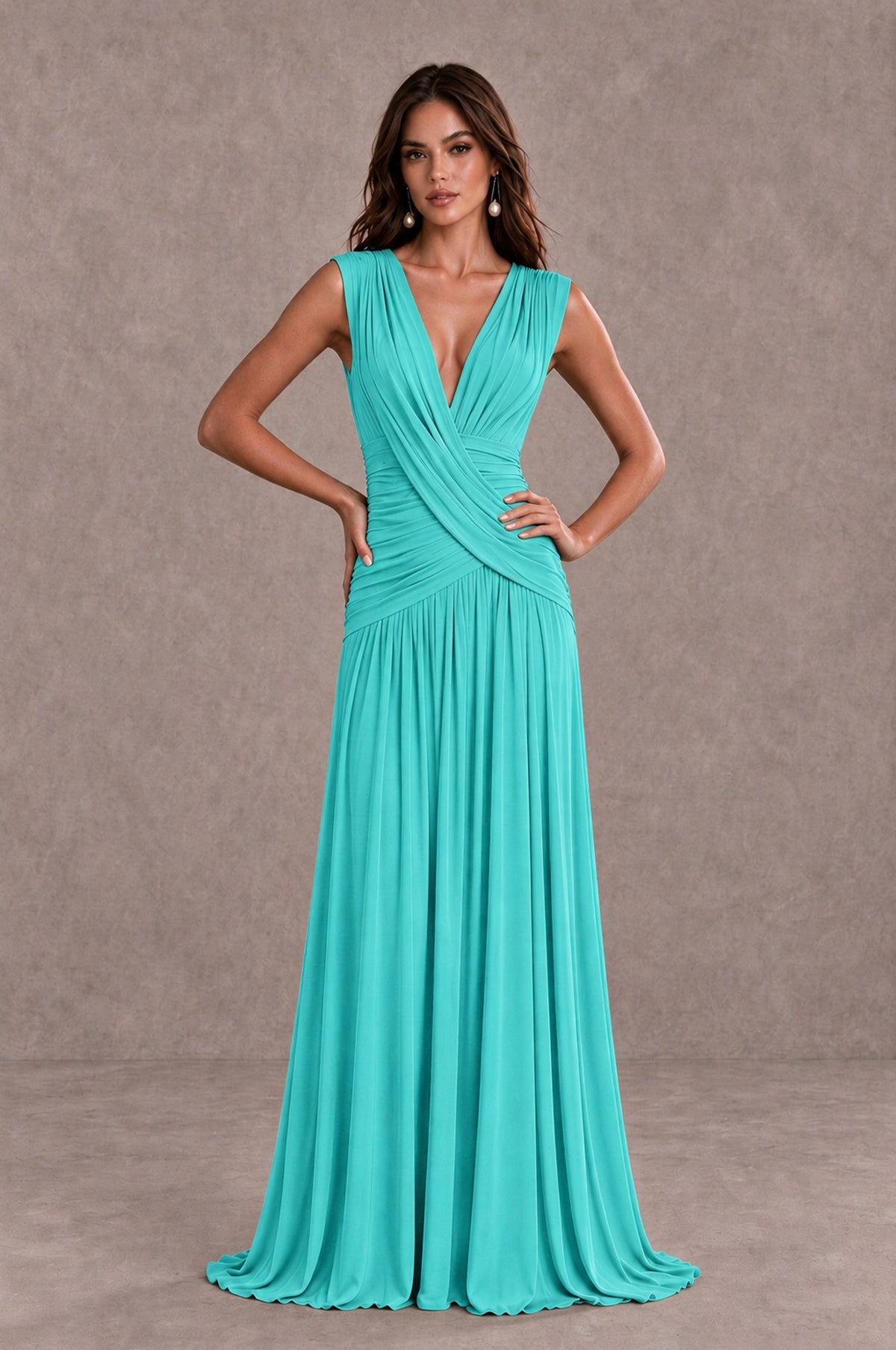 BOLODOO Turquoise V-Neck Ruched Wedding Guest Dress - Turquoise - Turquoise_3