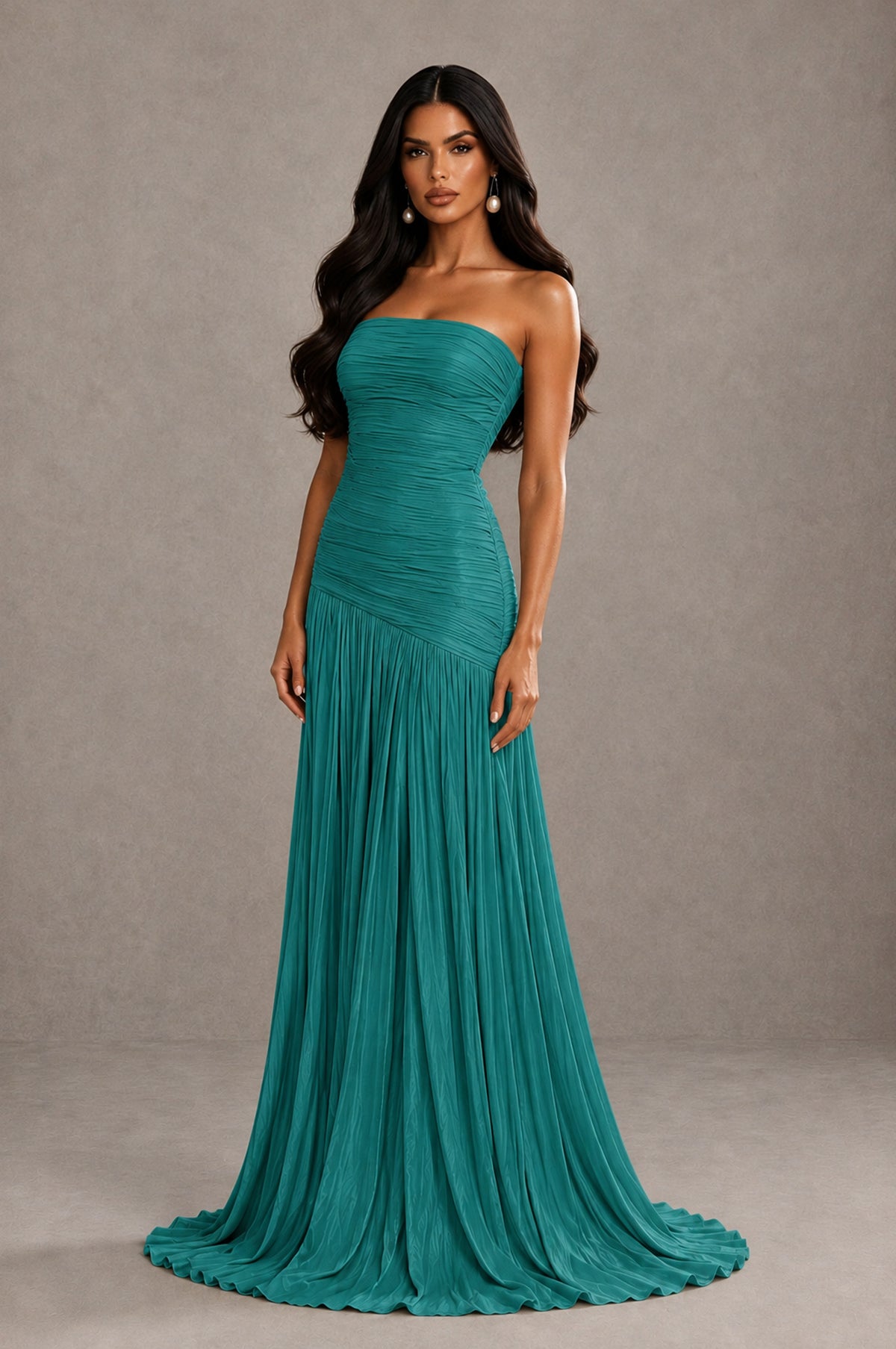 BOLODOO Turquoise Metallic Ruched Strapless Pleated A-Line Backless Maxi Dress with Train - Turquoise - Turquoise_3