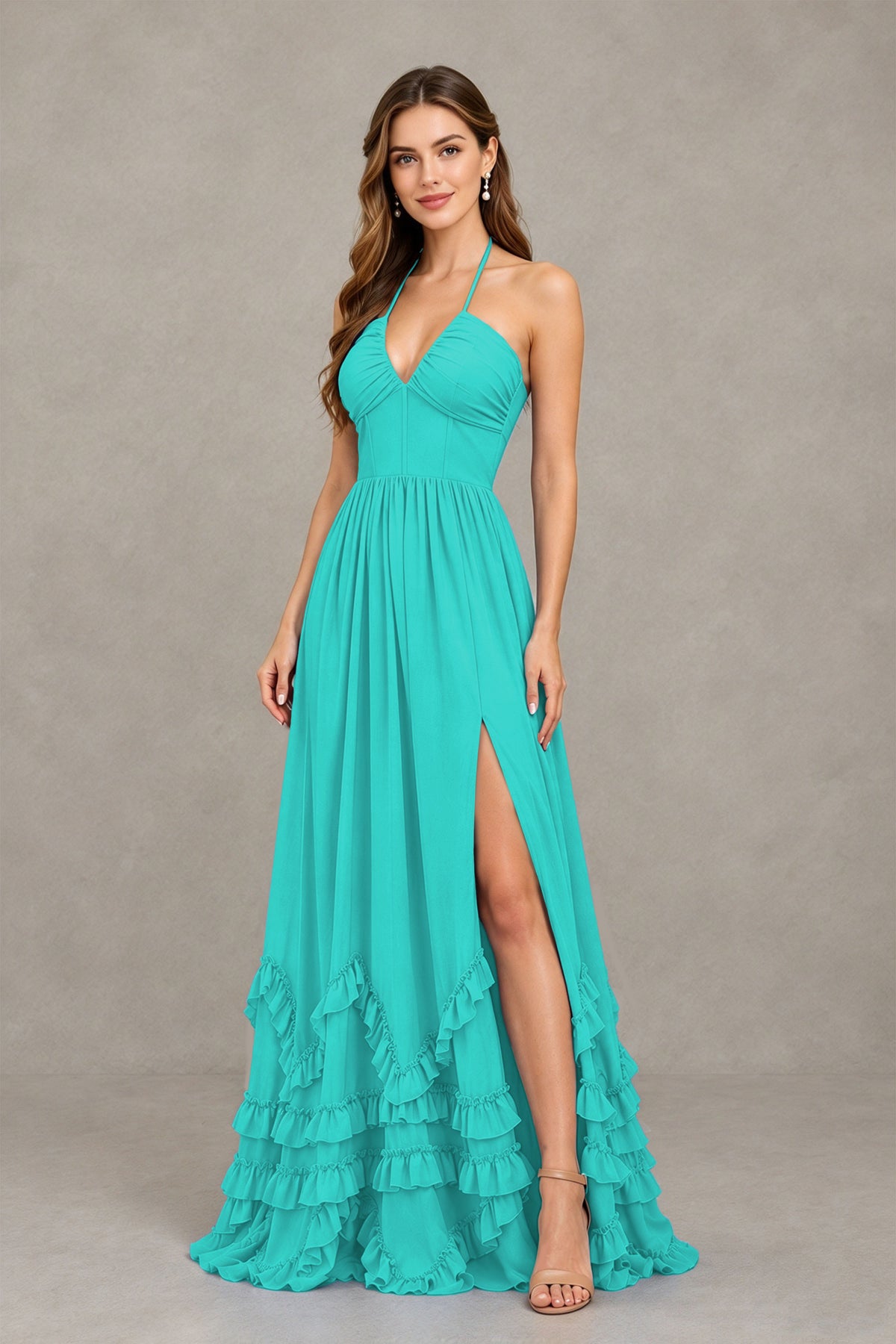 BOLODOO Turquoise Halter Ruffle Hem A-Line Bridesmaid Dress with High Slit - Turquoise - Turquoise(3)