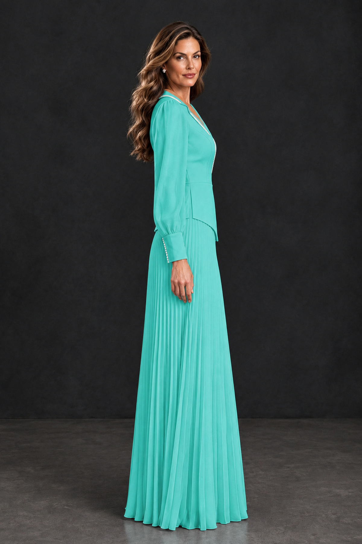 BOLODOO Turquoise Long Sleeve Pleated Mother of the Bride Dress - Turquoise - Turquoise_3