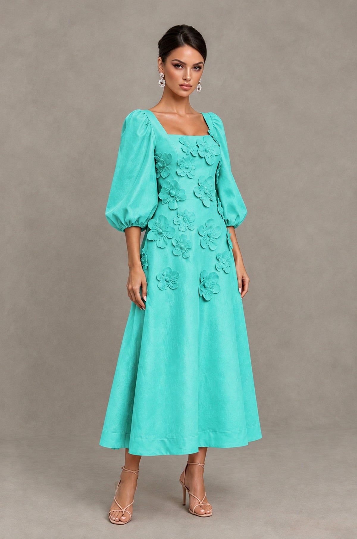 BOLODOO Turquoise 3D Floral Puff Sleeve Midi Cocktail Dress - Turquoise - Turquoise_3
