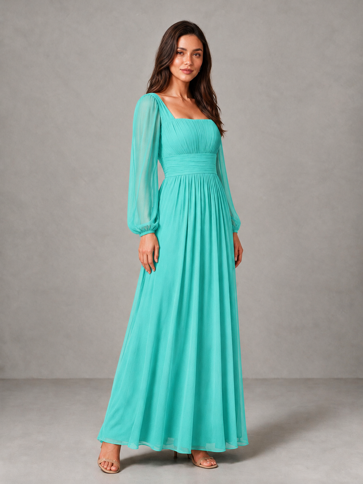 BOLODOO Turquoise Square Neck Long Sleeve Chiffon Bridesmaid Dress - Turquoise - Turquoise_3
