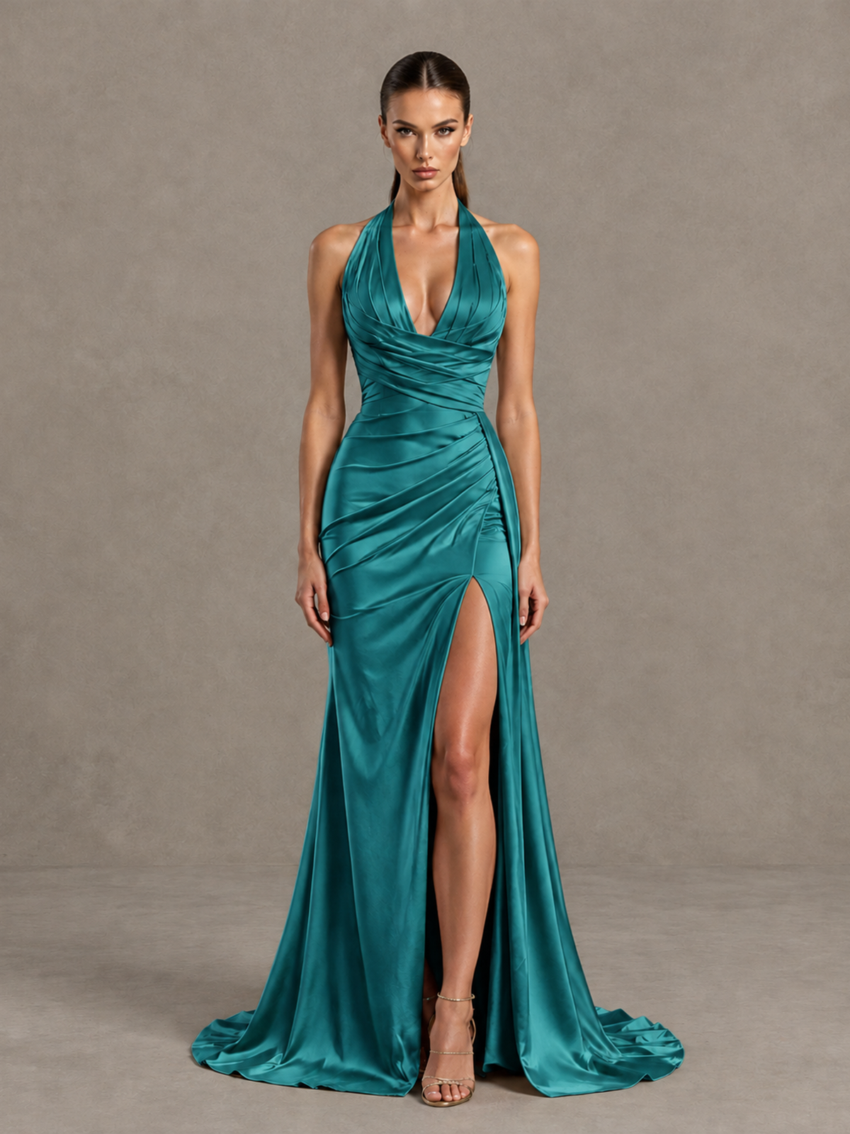 BOLODOO Turquoise Halter Satin Evening & Prom Dress with High Slit - Turquoise - Turquoise_3