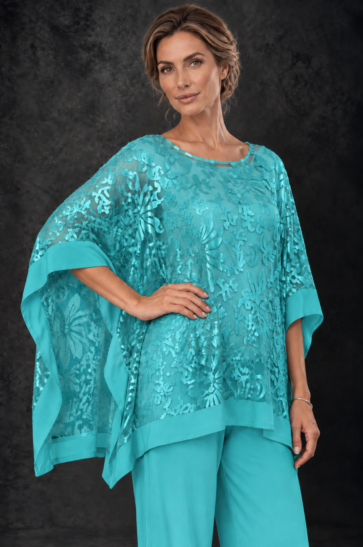 BOLODOO Turquoise Floral Cape Mother of the Bride Pant Suit - Turquoise - Turquoise_3
