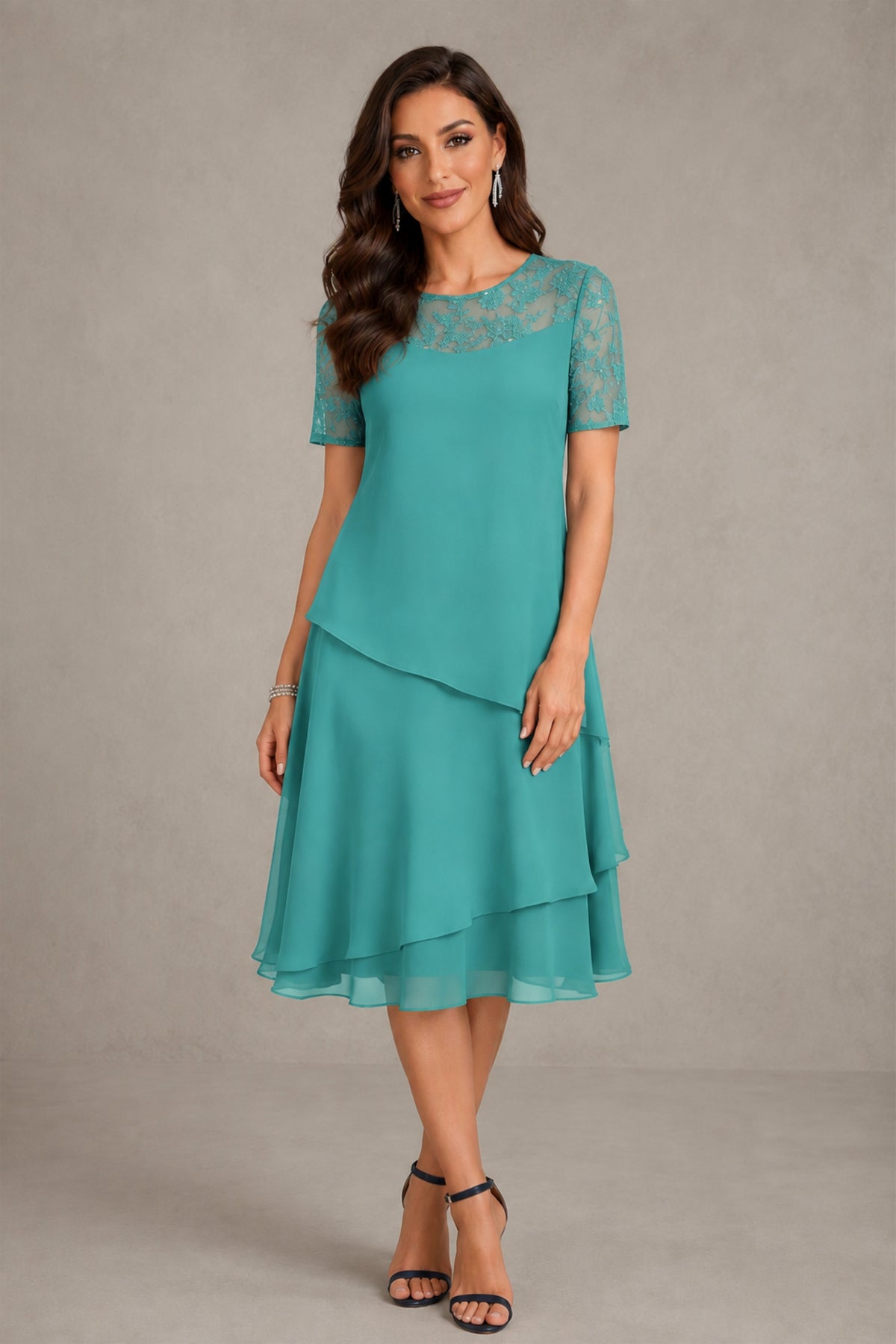 BOLODOO Turquoise Illusion Lace Short Sleeve Tiered Chiffon Tea Length Dress | Mother of the Bride Midi Dress - Turquoise