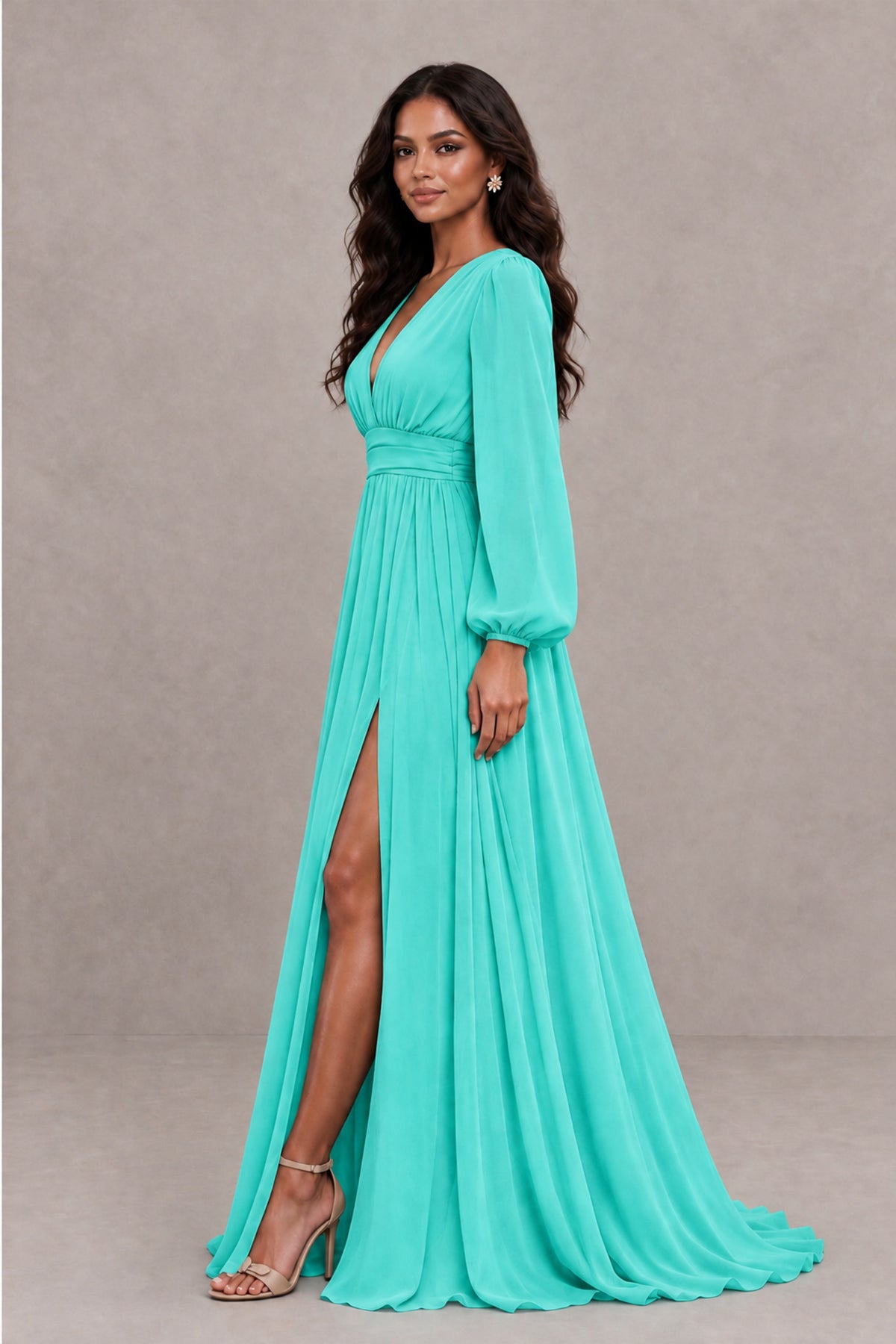 BOLODOO Turquoise Long Sleeve V-Neck A-Line Gown with Open Back & Slit - Turquoise - Turquoise_3