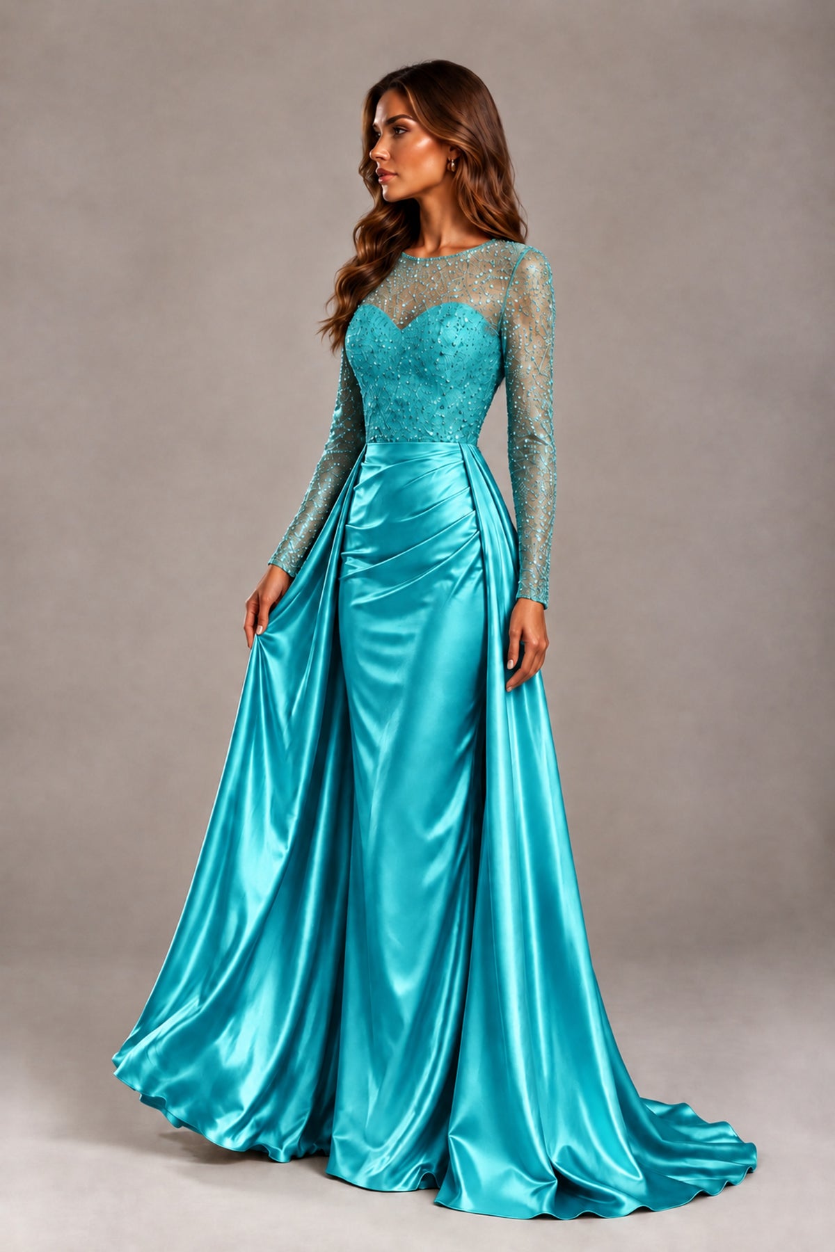 BOLODOO Turquoise Long Sleeve Embellished Satin Evening Gown with Sweep Train - Turquoise - Turquoise_3