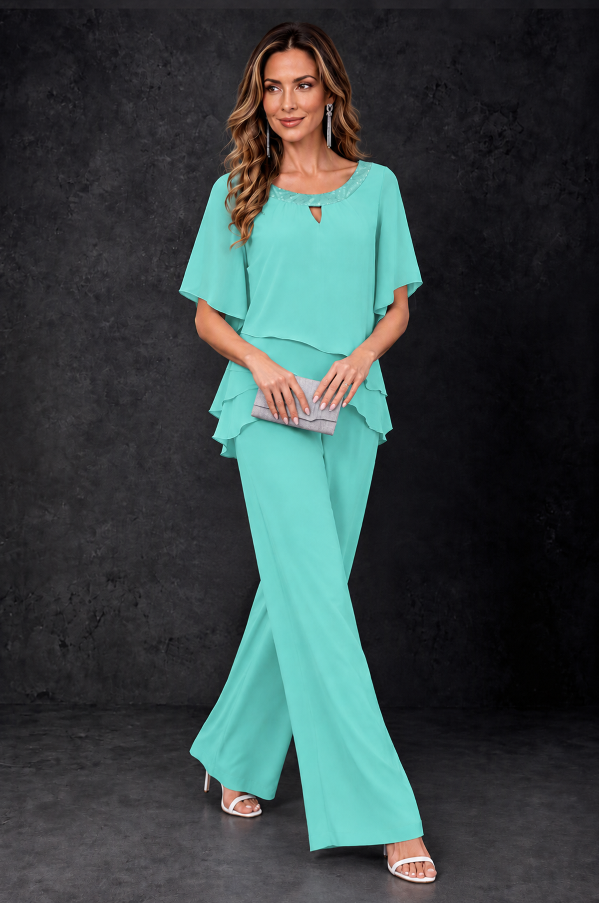 BOLODOO Turquoise Layered Chiffon-Look Mother of the Bride Pantsuit - Turquoise - Turquoise_3