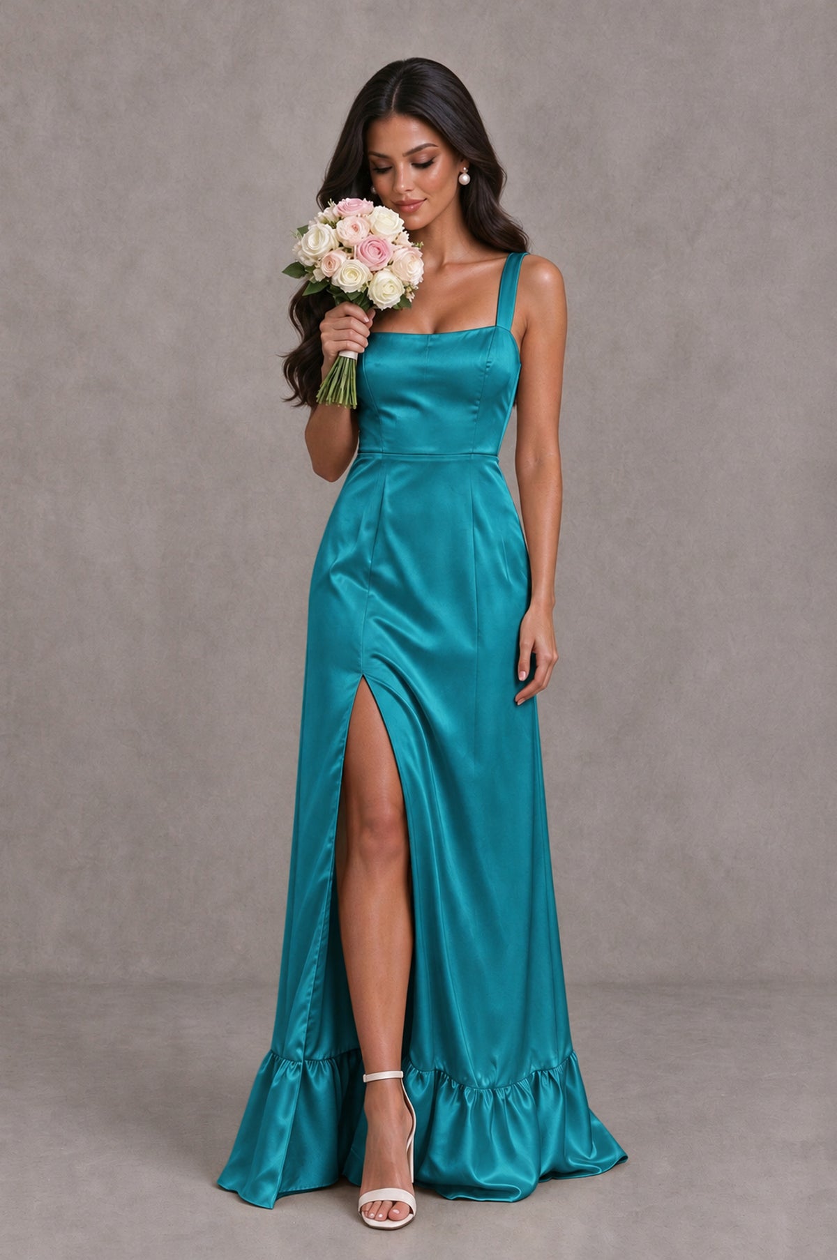 BOLODOO Turquoise Square Neck Satin Evening Dress with Lace-Up Back and High Slit - Turquoise - Turquoise_3