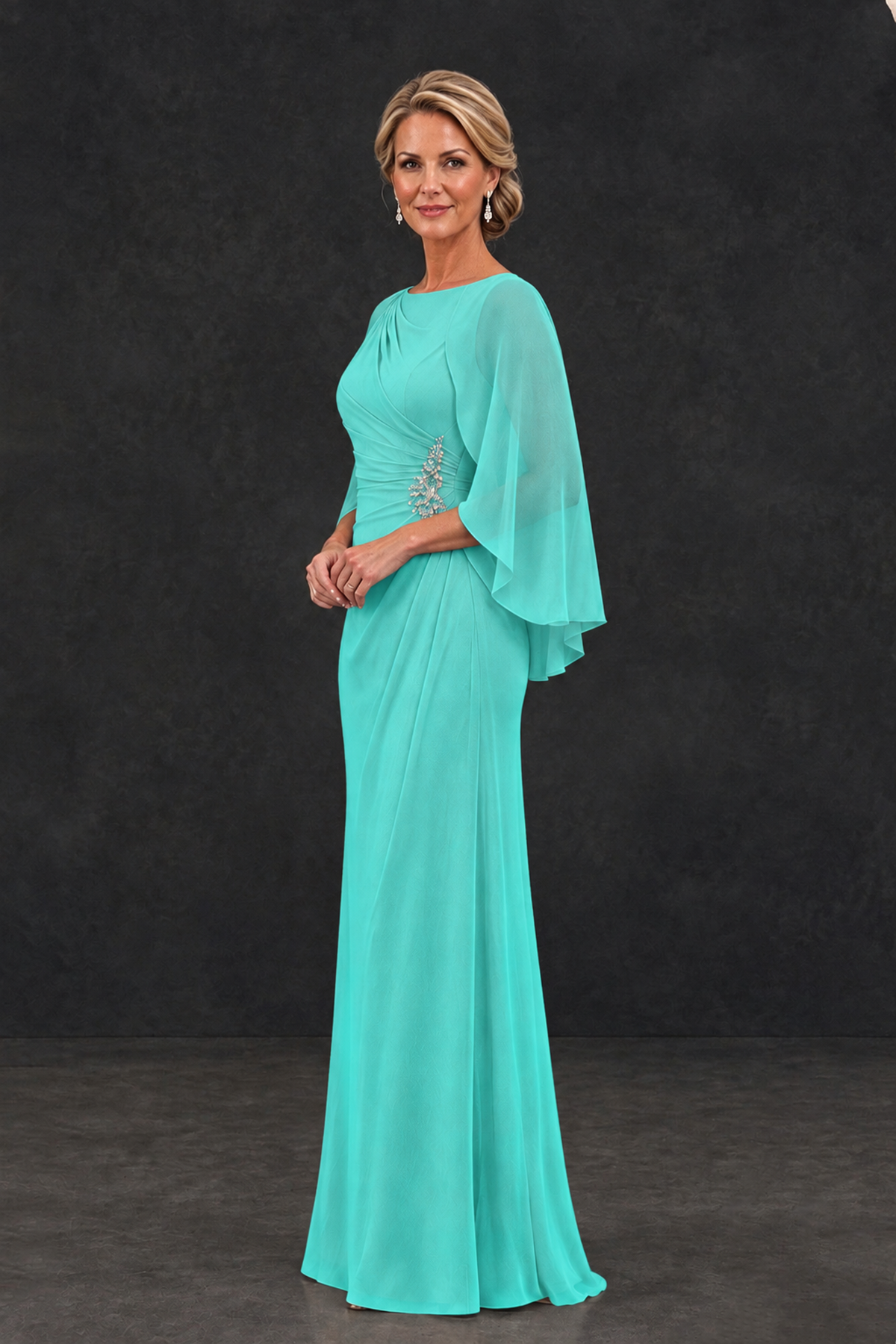 BOLODOO Turquoise Cape Sleeve Mother of the Bride Dress with Ruched Waist - Turquoise - Turquoise_3