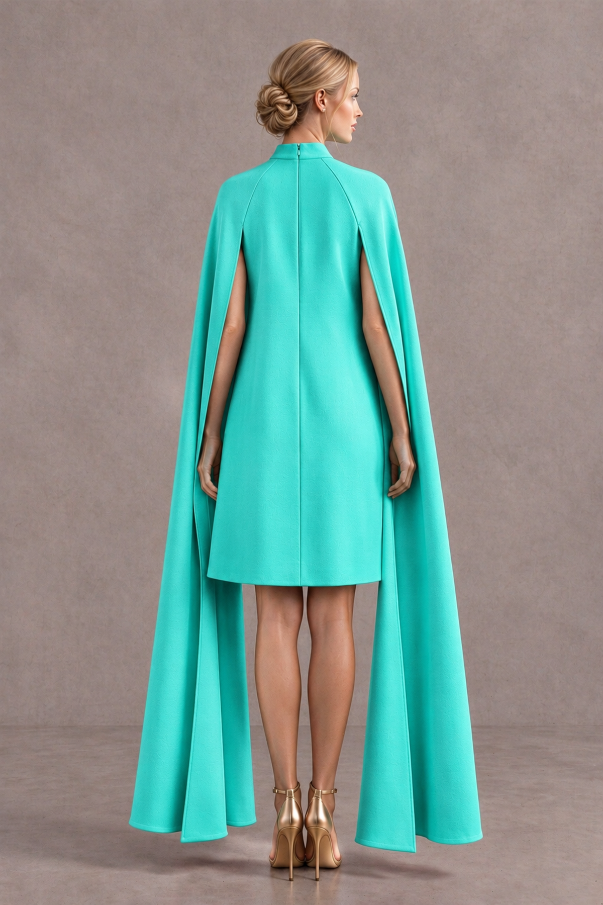 BOLODOO Turquoise High Neck Floral Cape Mini Cocktail Dress - Turquoise - Turquoise_3