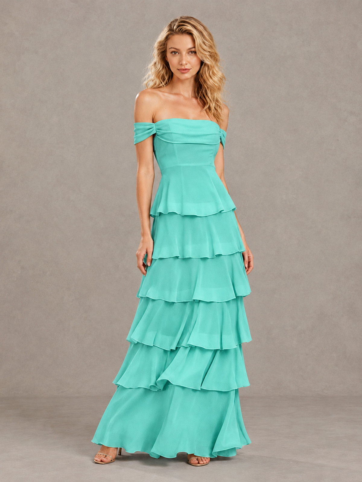 BOLODOO Turquoise Off-Shoulder Tiered Ruffle Bridesmaid Dress with Lace-Up Back - Turquoise - Turquoise_3