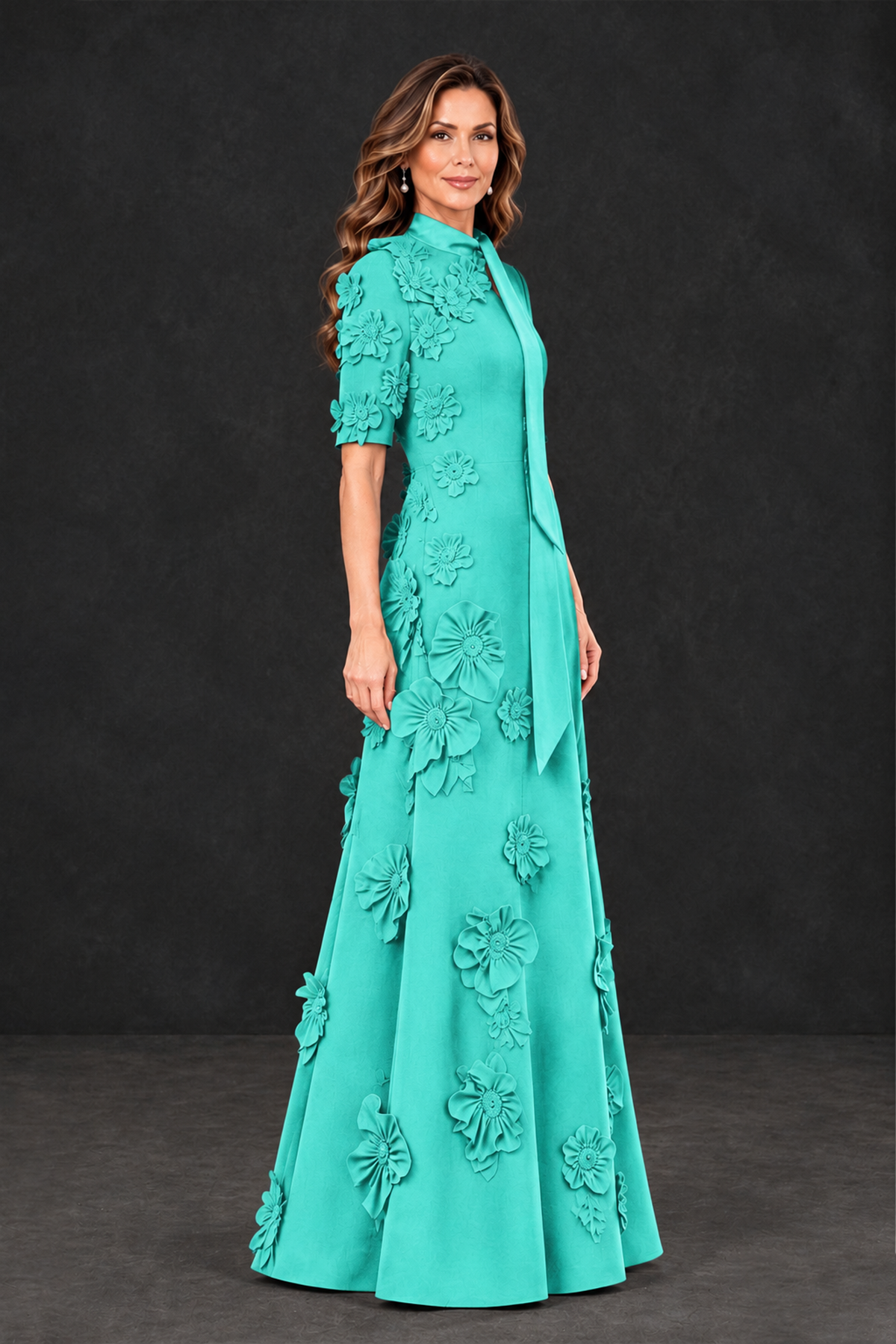 BOLODOO Turquoise Floral Applique High-Neck Half-Sleeve Gown - Turquoise - Turquoise_3