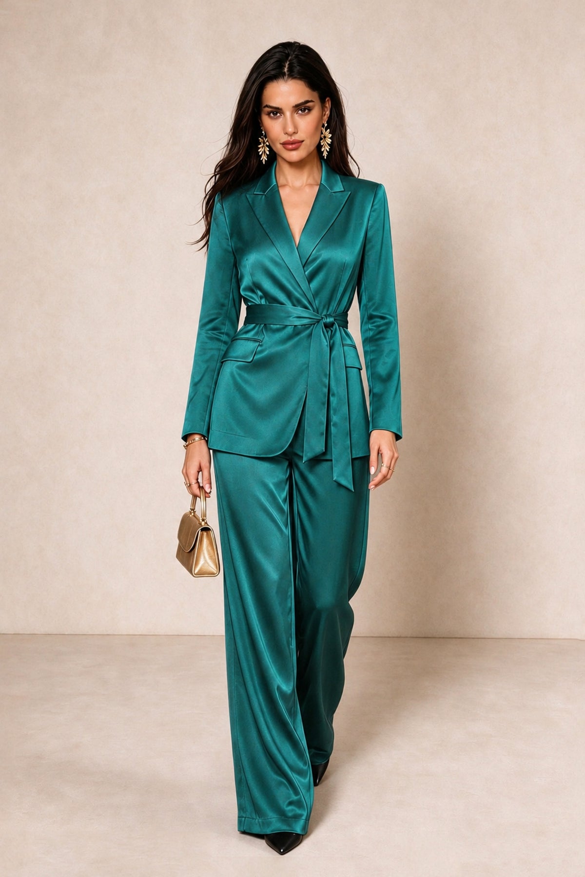 BOLODOO Turquoise Satin Wrap Blazer Wide-Leg Pants Two-Piece Suit Set – Evening Gala Wedding Guest - Turquoise - Turquoise_3