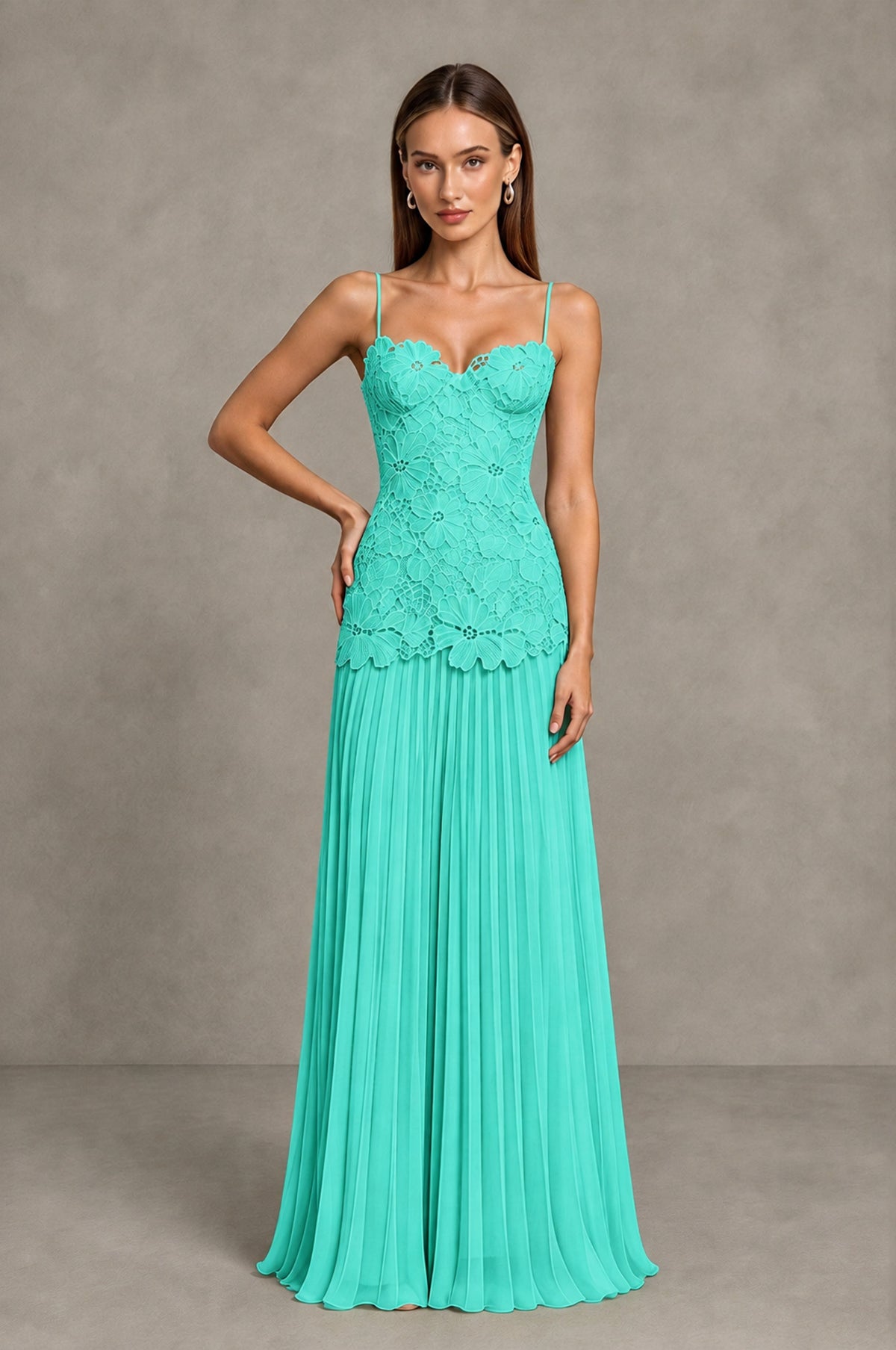 BOLODOO Turquoise Lace Bodice Pleated Wedding Guest Dress - Turquoise - Turquoise_3