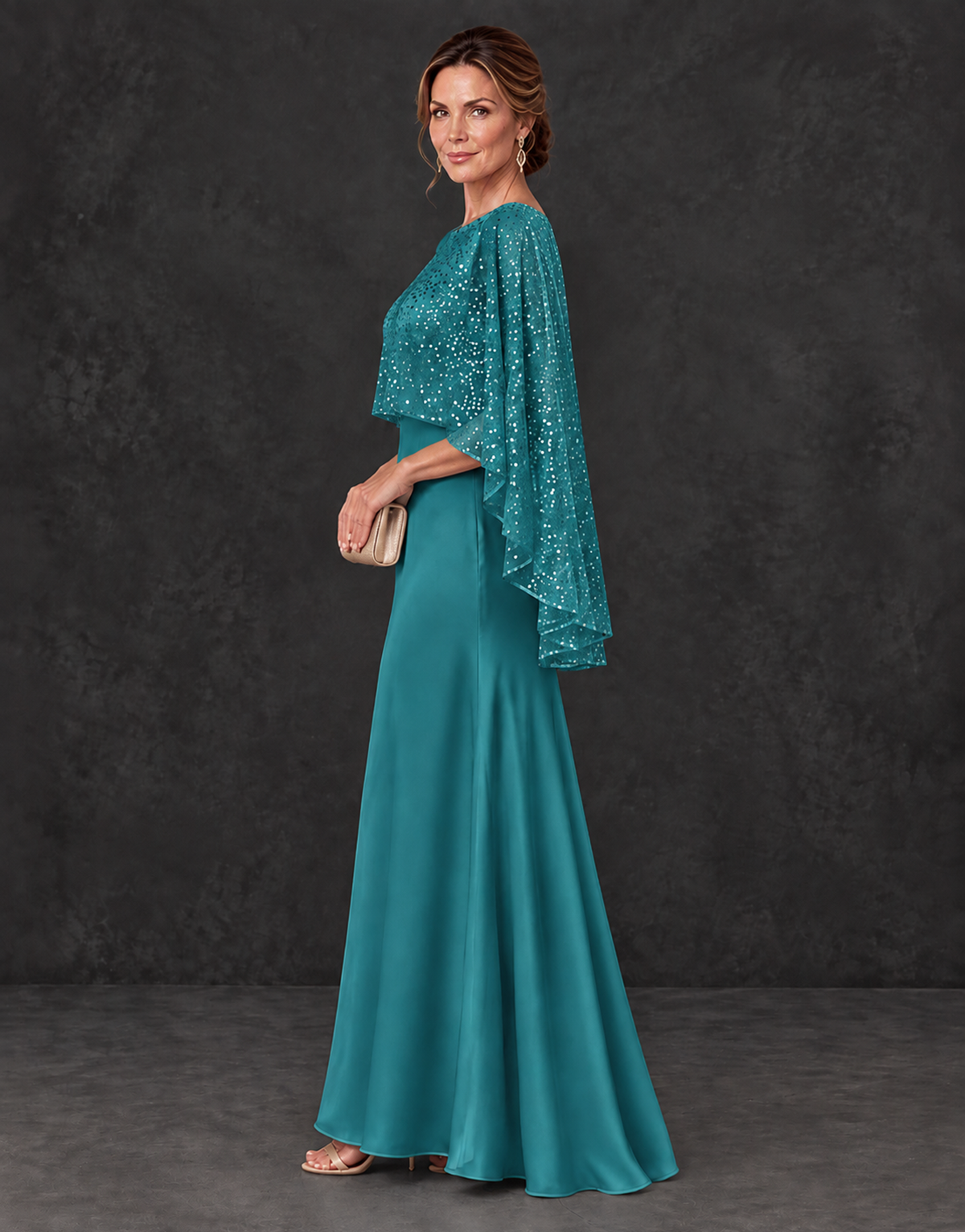 BOLODOO Turquoise Sparkle Cape Sleeve Mother of the Bride Dress - Turquoise - Turquoise_3