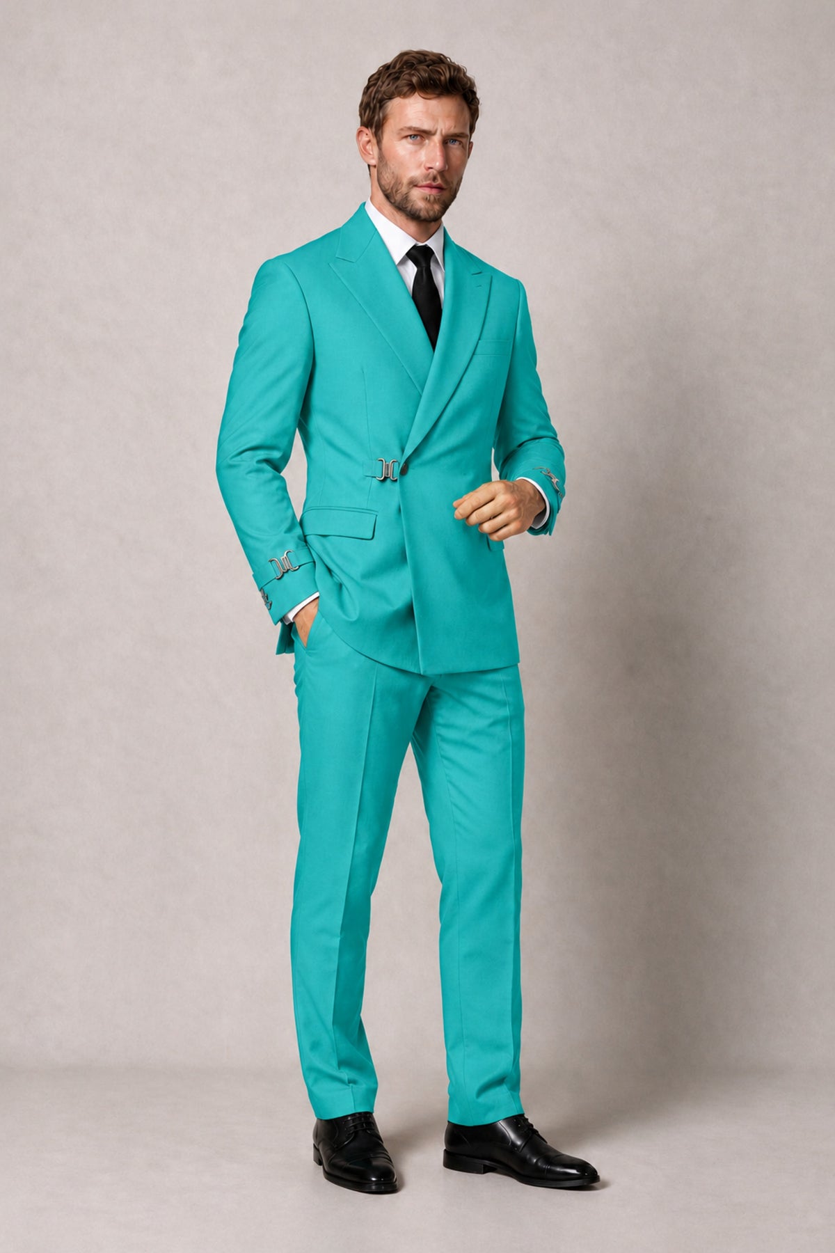 BOLODOO Men's Turquoise Double-Breasted 2-Piece Suit Set – Blazer & Tailored Trousers - Turquoise