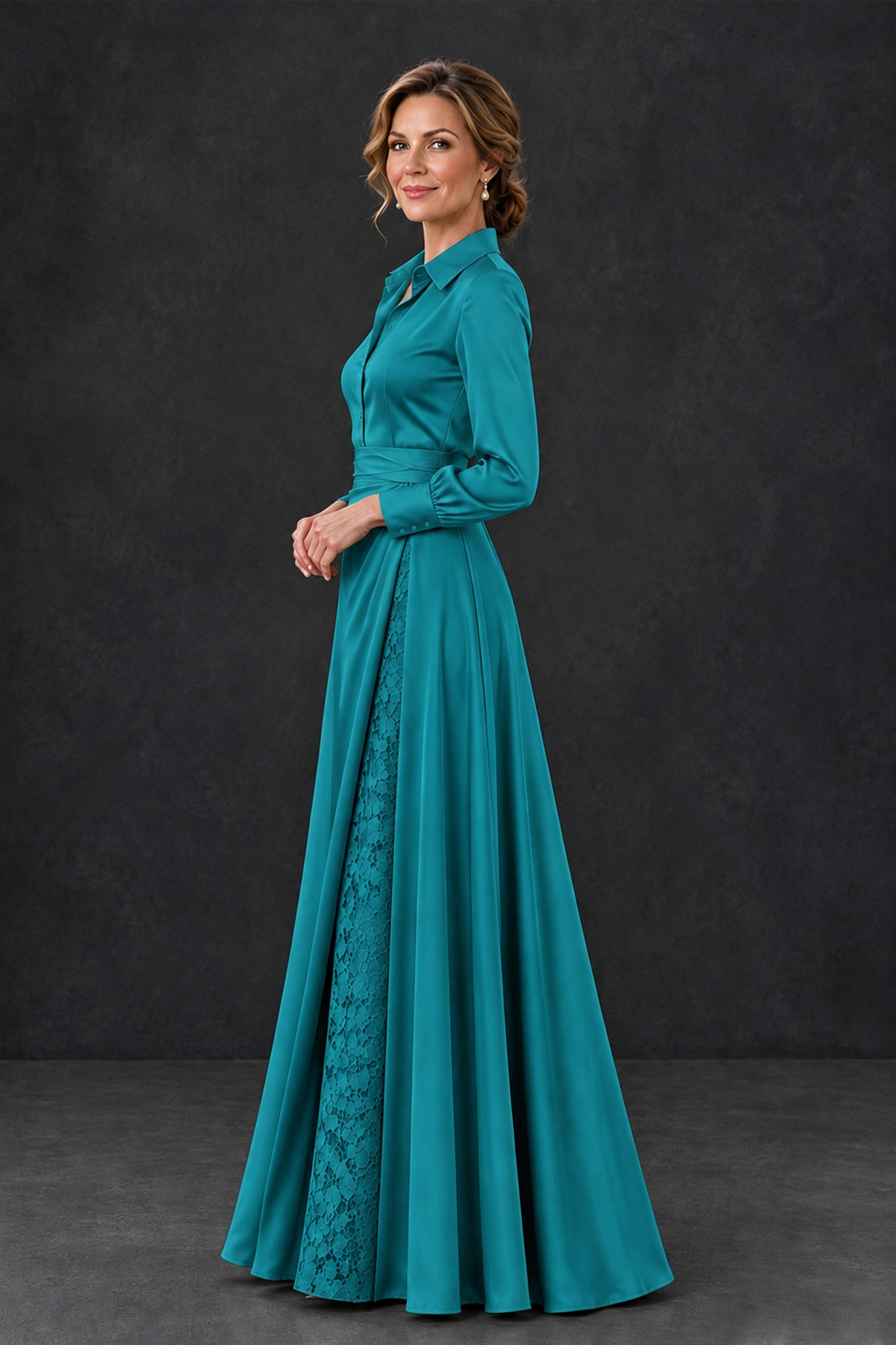 BOLODOO Turquoise Long Sleeve Satin-Look Lace Panel Gown - Turquoise - Turquoise_3