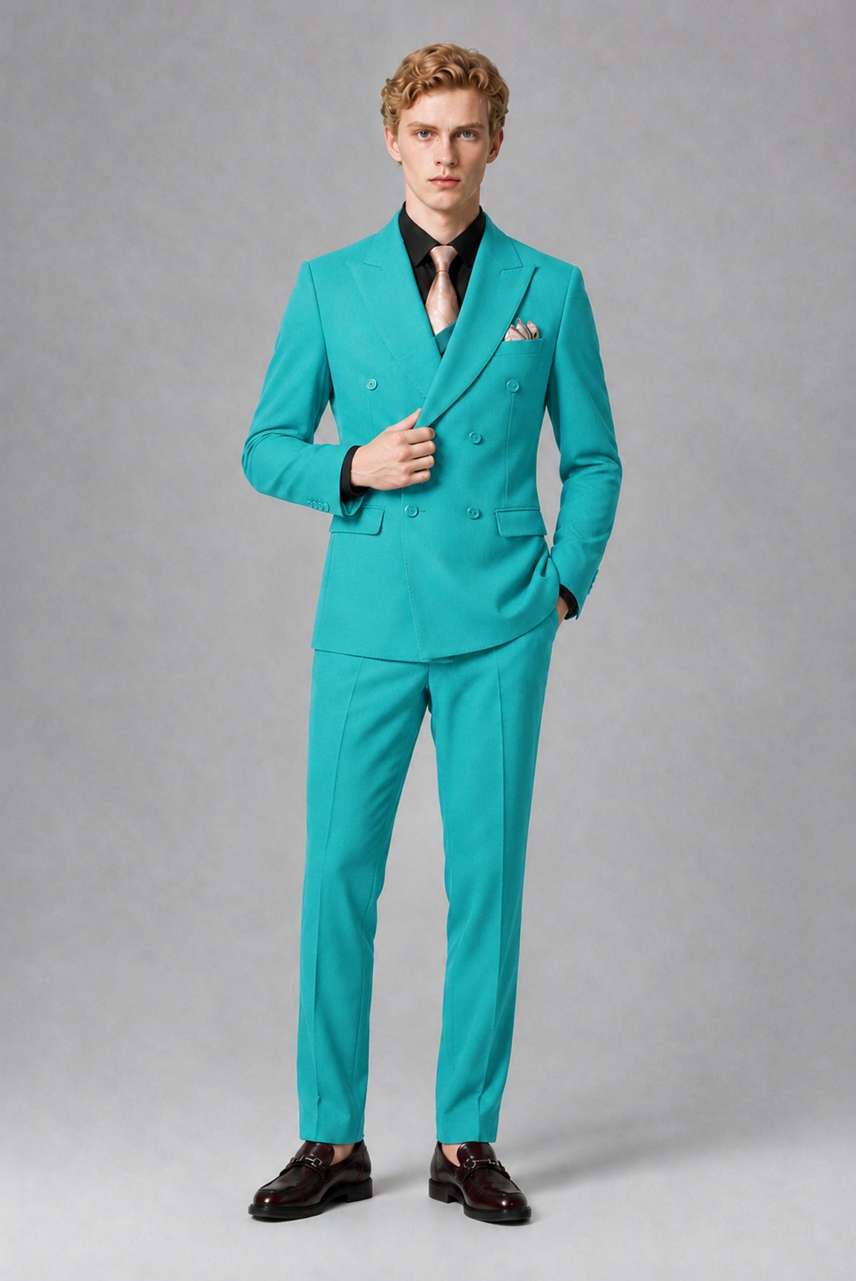 BOLODOO Men's Turquoise Double-Breasted Two-Piece Suit – Jacket & Trousers - Turquoise