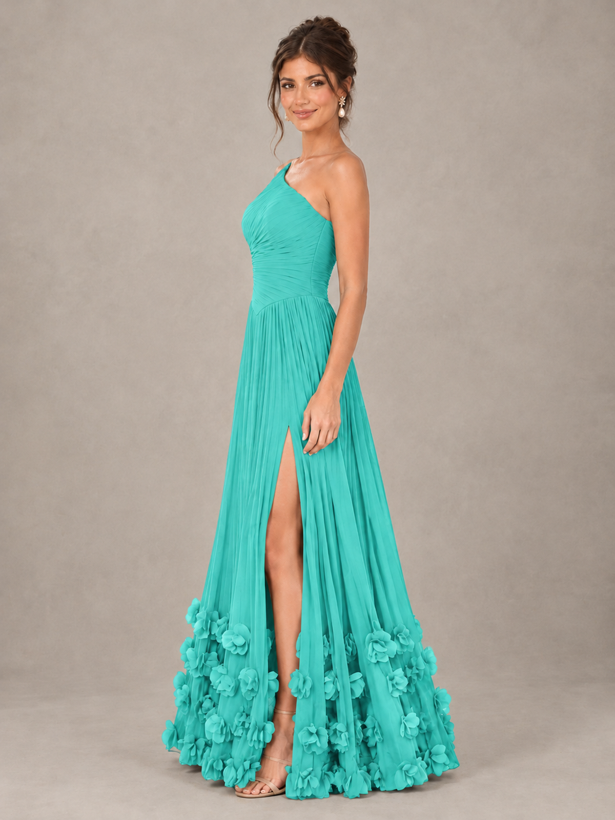 BOLODOO Turquoise One-Shoulder Pleated Bridesmaid Dress with 3D Floral Hem - Turquoise - Turquoise_3