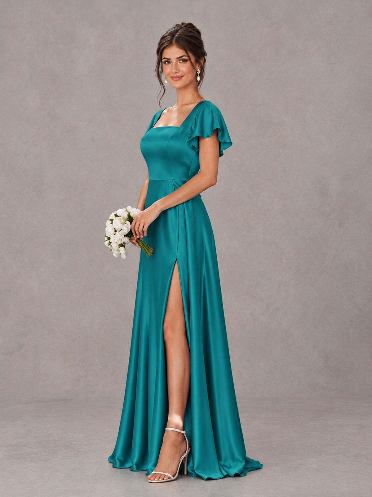 BOLODOO Turquoise Satin Square Neck Flutter Sleeve A-Line Bridesmaid Dress with Slit - Turquoise - Turquoise_3
