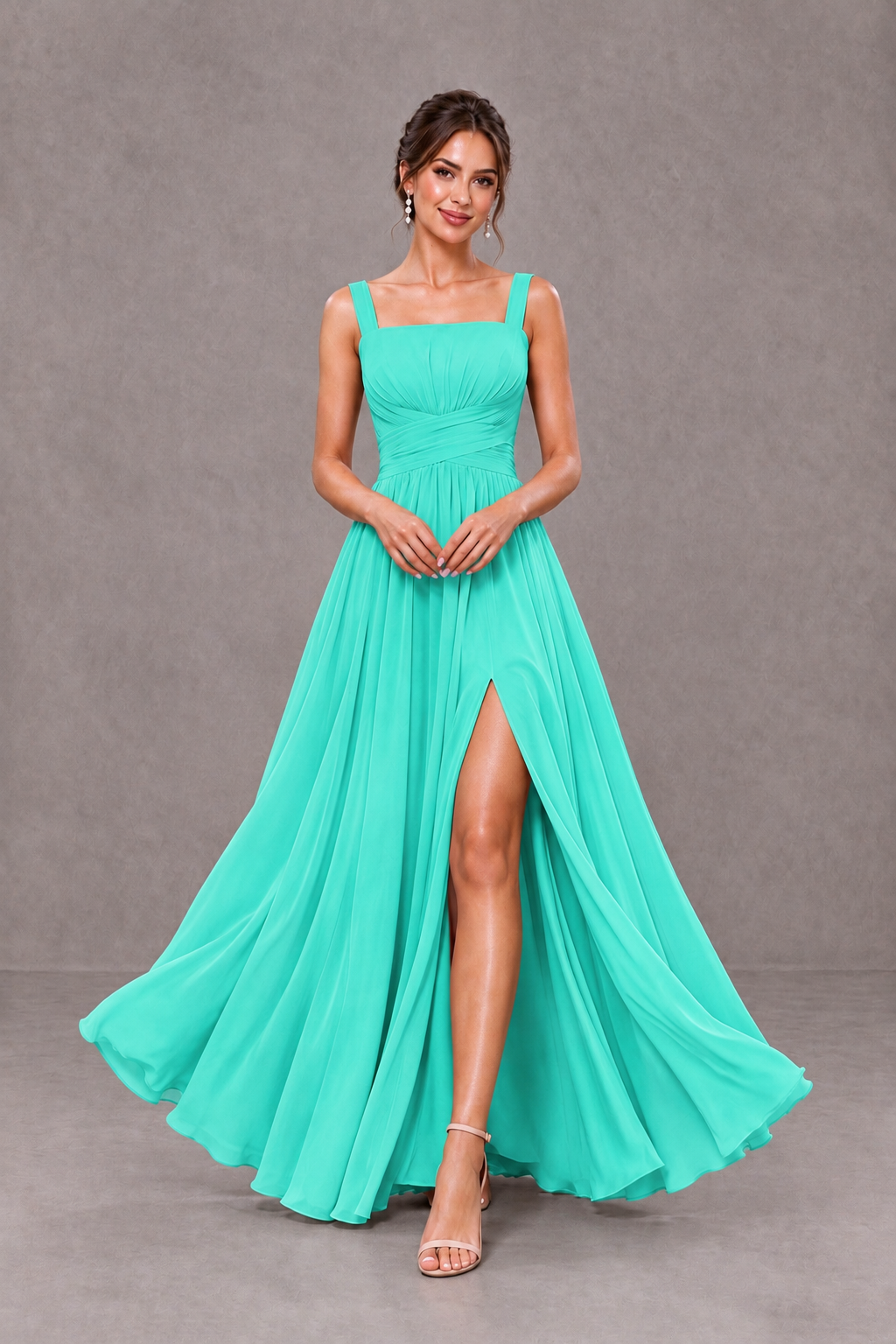 BOLODOO Turquoise Square Neck A-Line Bridesmaid Dress with Slit - Turquoise - Turquoise_3