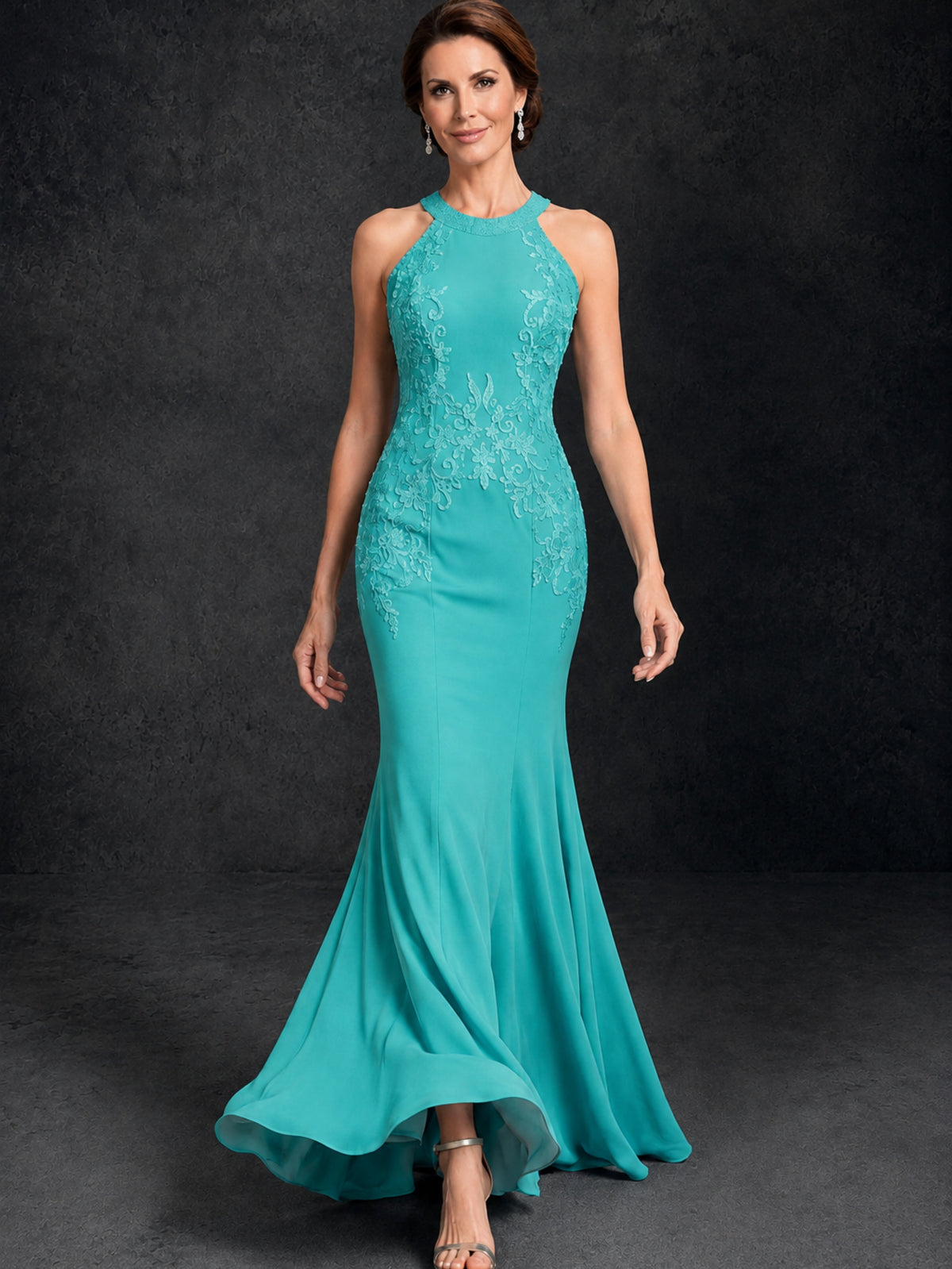 BOLODOO Turquoise Lace Applique Halter Neck Sheer Back Mermaid Maxi Dress with Sweep Train - Turquoise