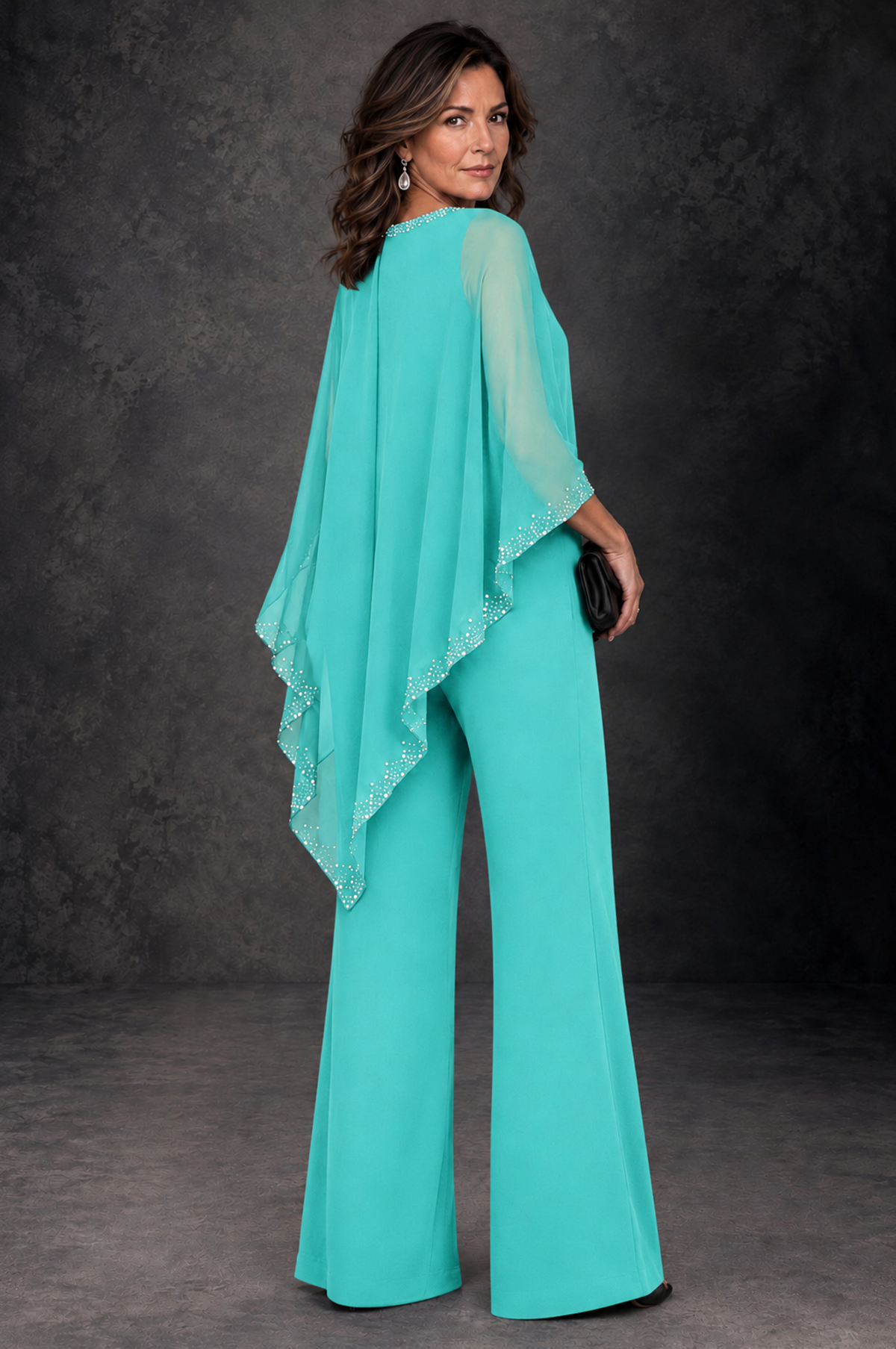BOLODOO Turquoise Embellished Cape Mother of the Bride Pantsuit - Turquoise - Turquoise_3
