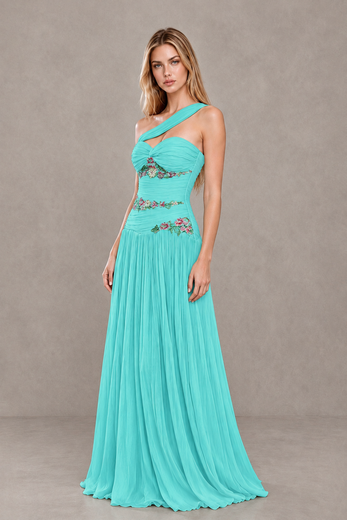 BOLODOO Turquoise One-Shoulder Floral Applique A-Line Evening Dress - Turquoise - Turquoise_3