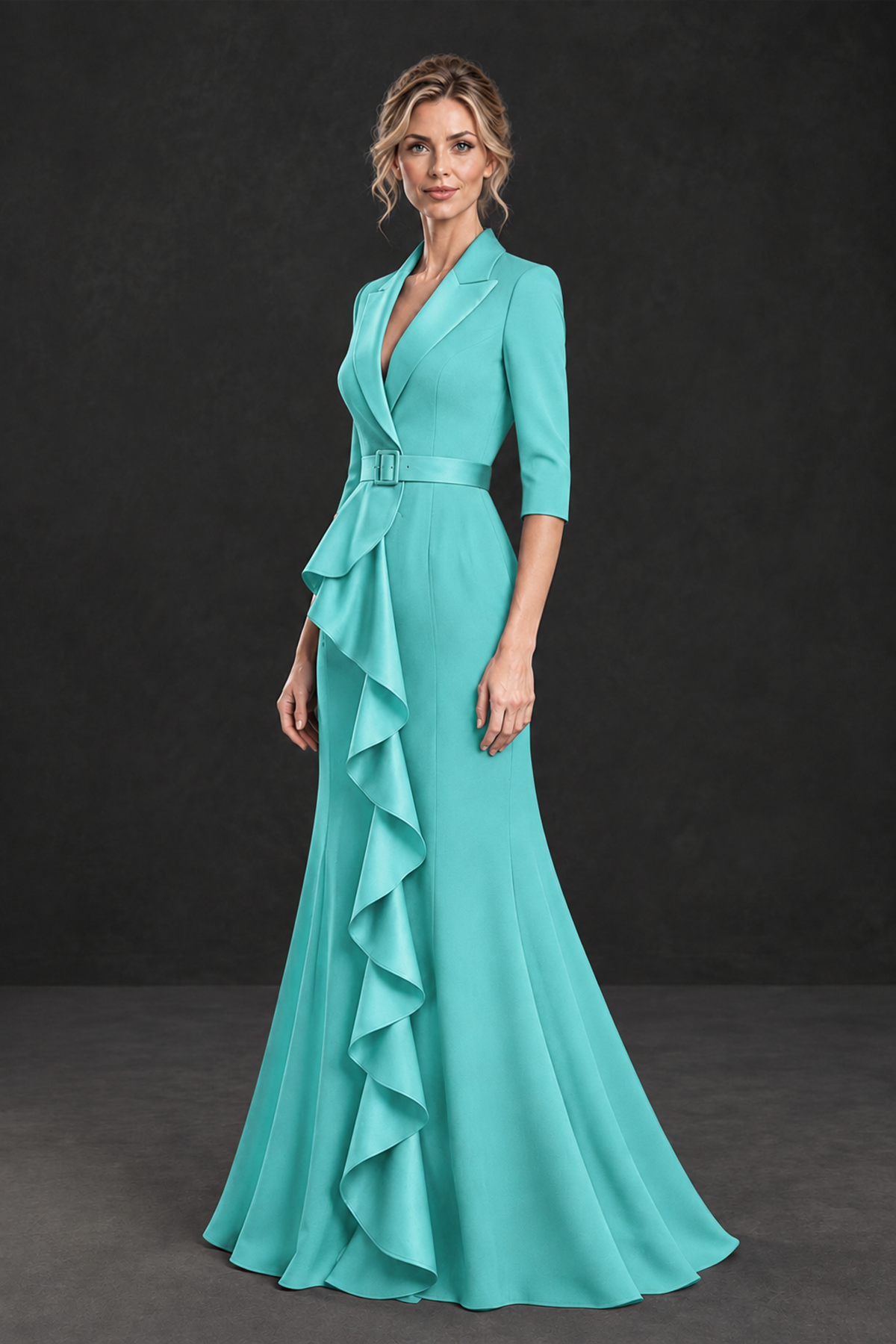BOLODOO Turquoise Lapel Ruffle Mother of the Bride Dress with Belt - Turquoise - Turquoise_3