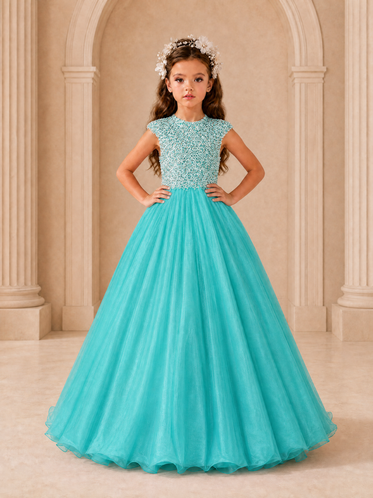 BOLODOO Turquoise Sequin Tulle Flower Girl Dress with Cap Sleeves - Turquoise - Turquoise_3
